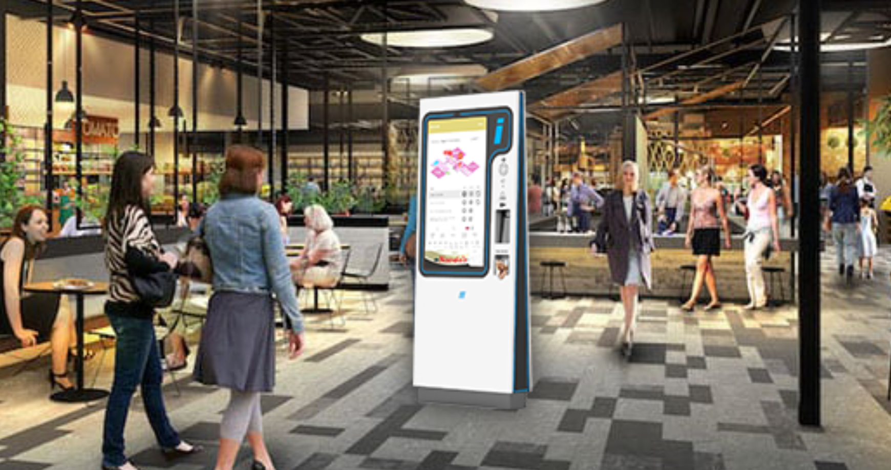 Indoor shopping mall scene with people walking and sitting; a tall white interactive kiosk with a touchscreen map and information stands in the center.