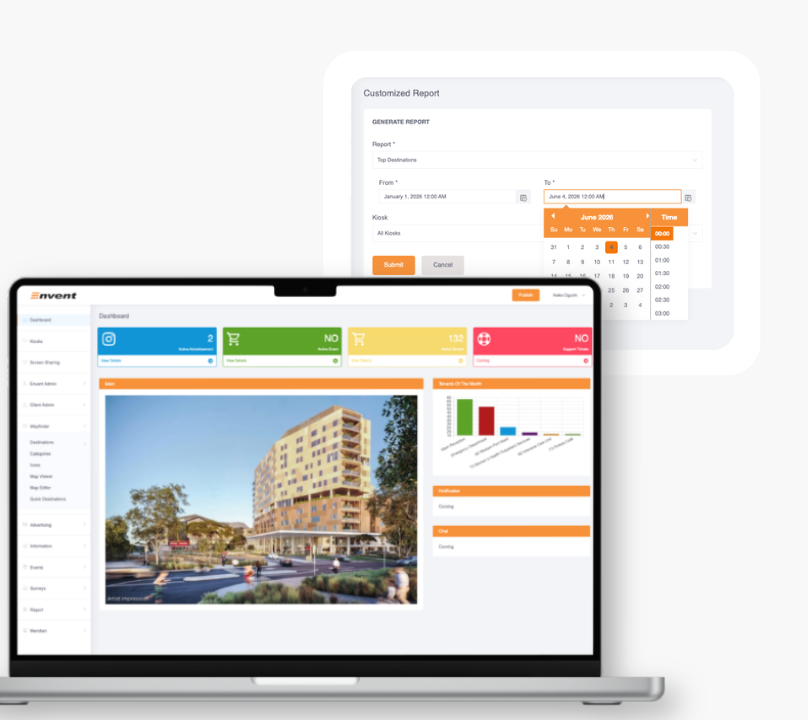Laptop screen showing an event management dashboard with sections for active advertisements, kiosks, auto tweets, and support tasks, alongside a main view of a building image and a bar chart of trends for the month, with navigation sidebar on the left and a customized report generation window overlay with date selectors.