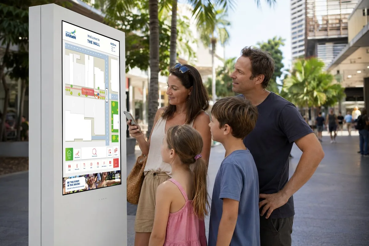 A family of four, including a man, woman, boy, and girl, stand outdoors looking at a digital kiosk with a mall map under palm trees.