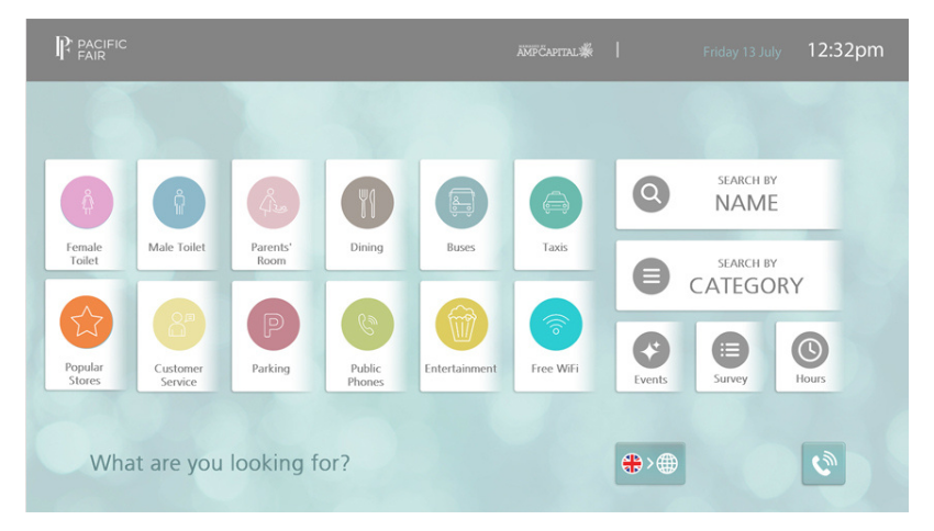 Pacific Fair wayfinder screen showing icons and labels for Female Toilet, Male Toilet, Parents' Room, Dining, Buses, Taxis, Popular Stores, Customer Service, Parking, Public Phones, Entertainment, Free WiFi, with search options by Name or Category, plus Events, Survey, and Hours buttons, displayed under the header with date Friday 13 July and time 12:32pm.