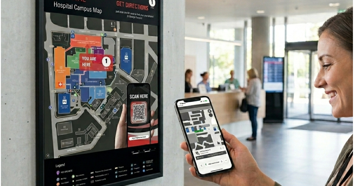 Woman in a hospital lobby smiling while holding a smartphone displaying a digital hospital campus map; behind her, an interactive hospital campus map kiosk shows a QR code to scan with the words 'YOU ARE HERE' highlighted on the map, with reception staff and visitors in the background.