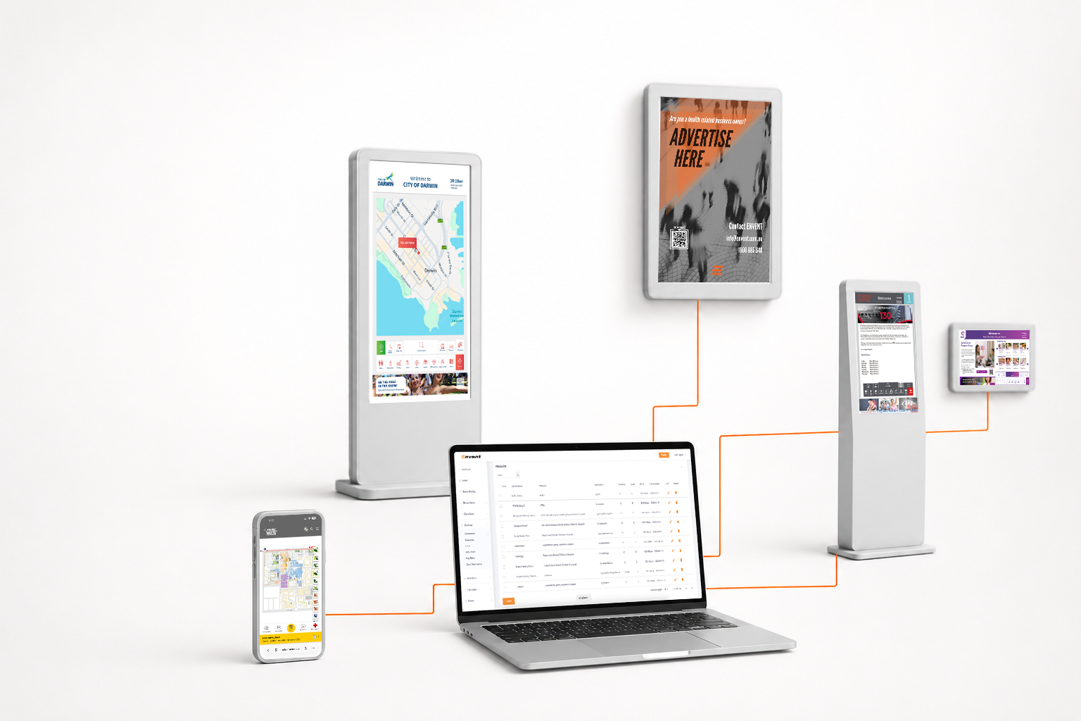 A laptop connected through orange lines to various digital display devices including a smartphone, two freestanding touchscreen kiosks showing maps and information, a wall-mounted digital ad screen with 'Advertise Here' message, and a small wall-mounted display with a directory interface.
