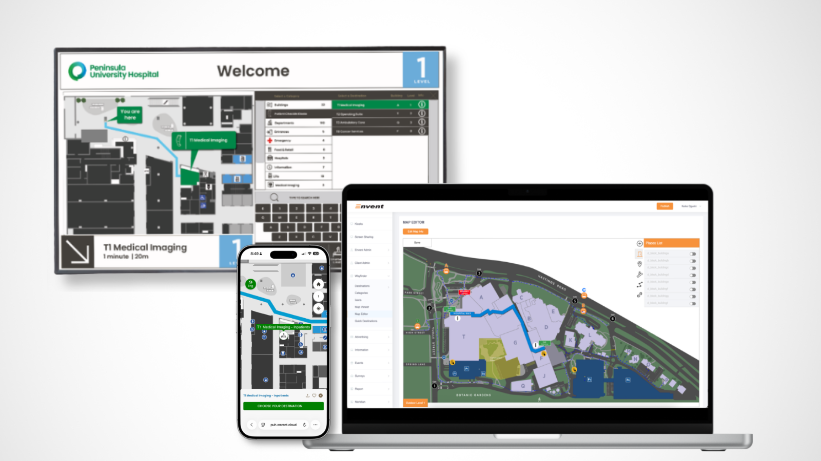 Digital wayfinding system displaying a hospital floor map on a large screen, a mobile phone, and a laptop, showing navigation routes to T1 Medical Imaging areas with interface elements for selecting destinations and editing maps.