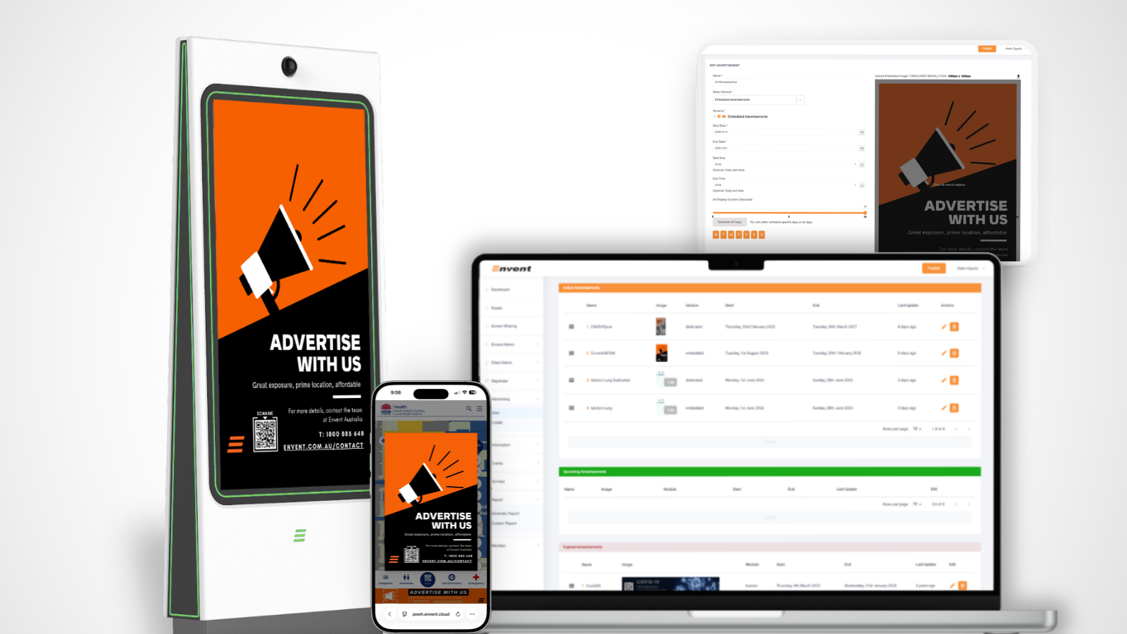 Digital advertising setup showing a standalone digital signage display, a smartphone, and a laptop. The digital signage and smartphone display an orange and black advertisement with a megaphone icon and text 'Advertise with us' including contact details and a QR code. The laptop screen shows an ad management dashboard with lists of active, upcoming, and expired advertisements.