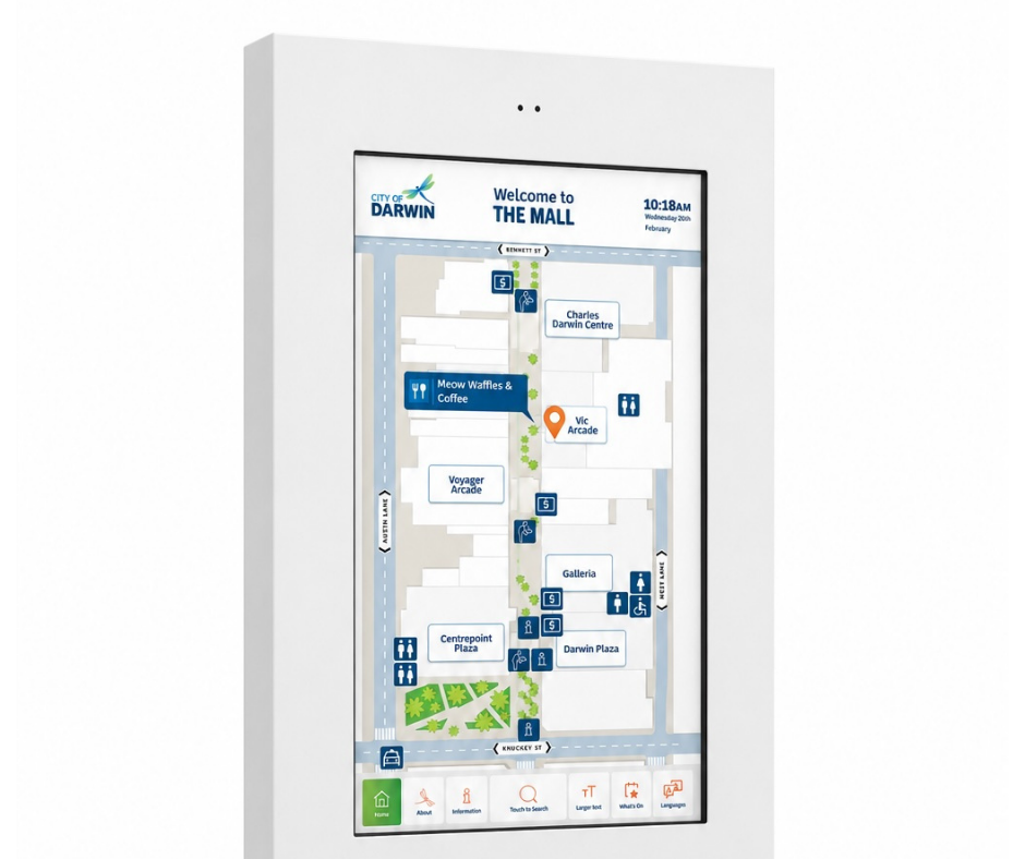 Interactive digital kiosk map of The Mall in the City of Darwin showing key locations like Meow Waffles & Coffee, Charles Darwin Centre, Voyager Arcade, Vic Arcade, Centrepoint Plaza, Galleria, and Darwin Plaza, with icons for restrooms, parking, wheelchair access, and information along city streets Bennett St, Austin Mall, Knuckey St, and Smith St.
