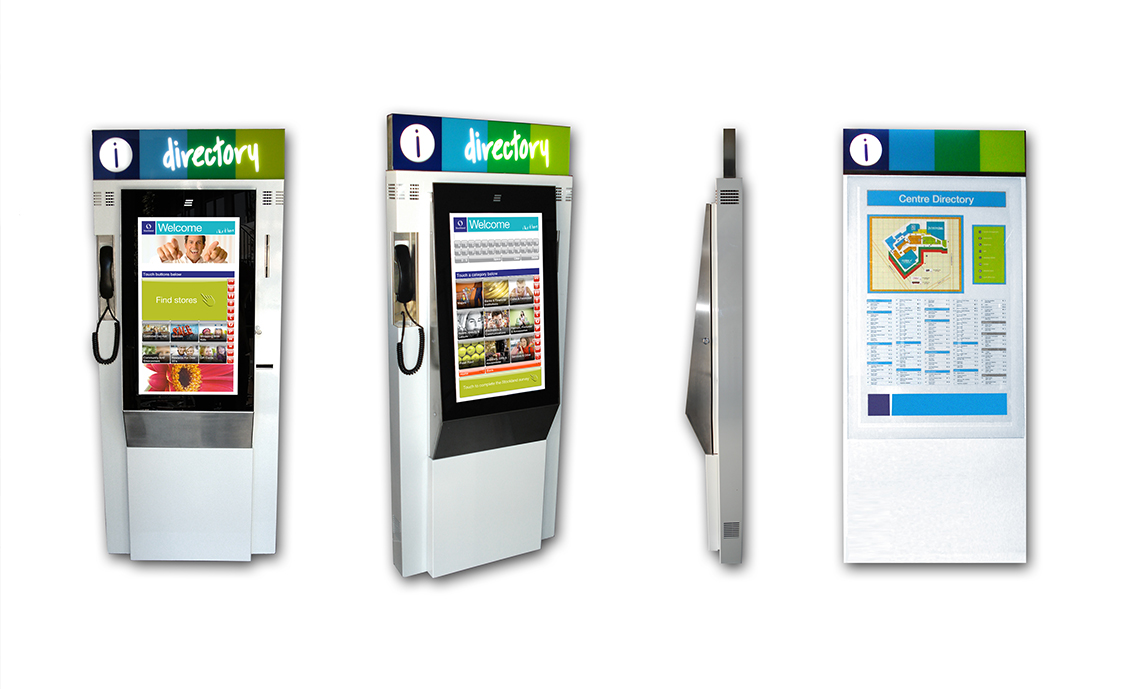 Four views of directory kiosks: two front views showing touchscreens and attached phones, one side view, and one front view of a centre directory with a map and store listings.