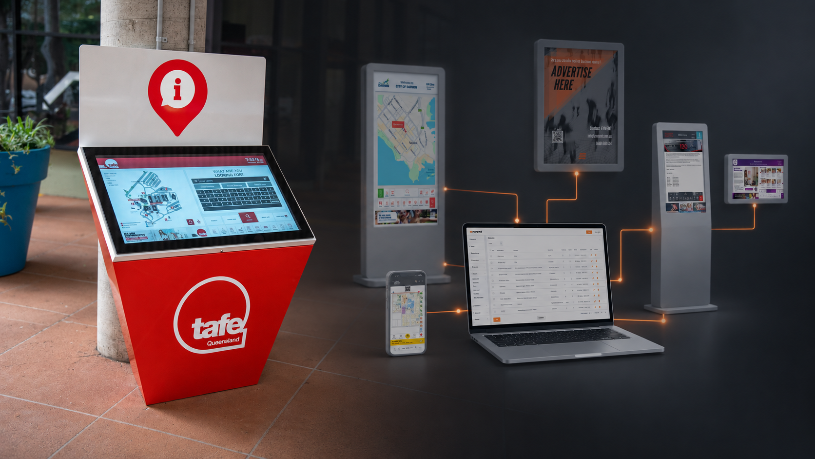 A TAFE Queensland touchscreen information kiosk with a campus map and search interface on screen, connected digitally to various devices including a smartphone with a map, a laptop displaying a management dashboard, a digital advertising screen, and two other digital kiosks showing maps and content.