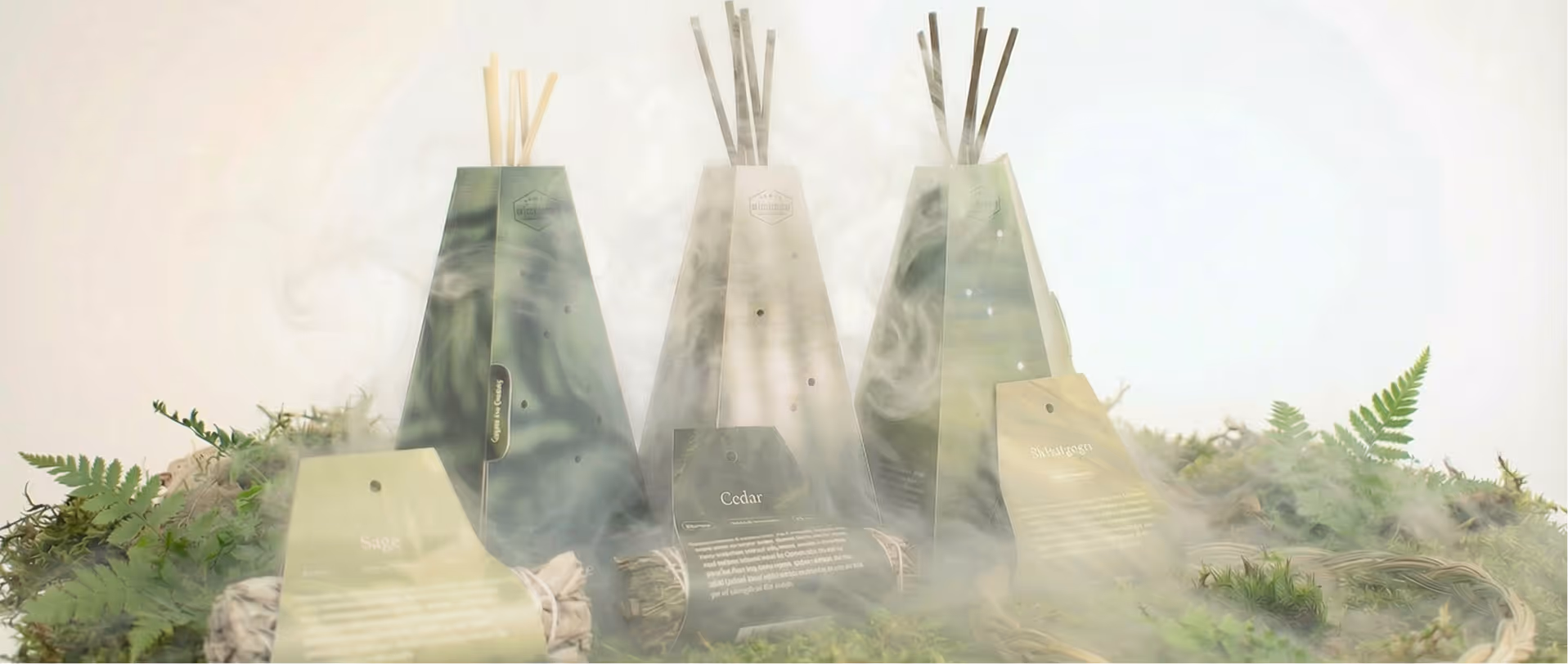 Packaging Project with smoke and leaf elements scattered on a white background.