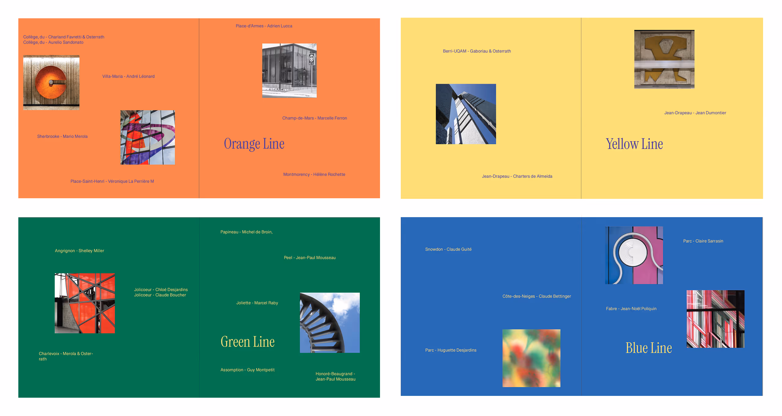 Four colored page dividers labelled Orange, Yellow, Green, Blue Lines with photos of metro artworks.