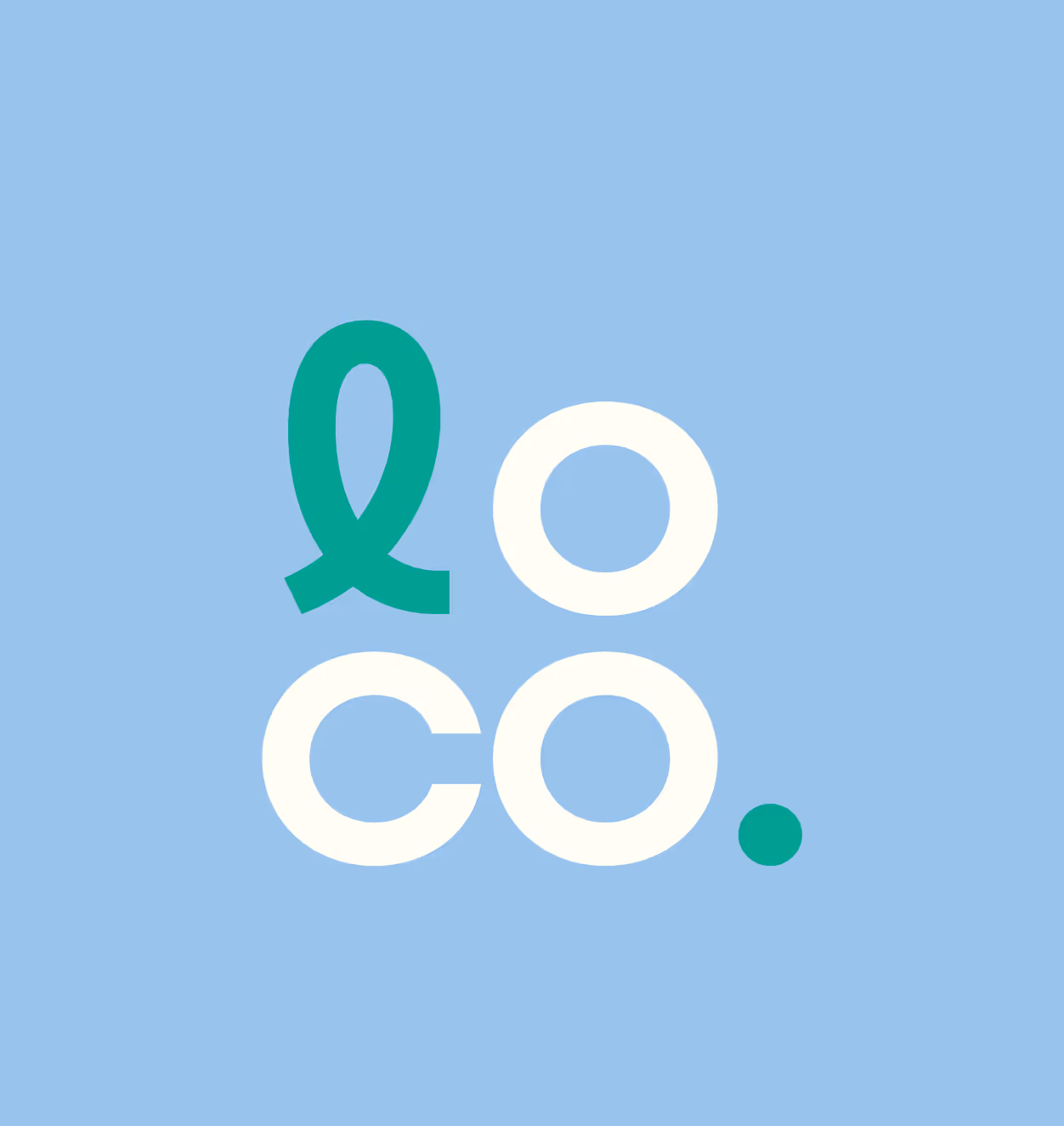 Loco logo with teal cursive letter and white circles spelling loco on a light blue background.