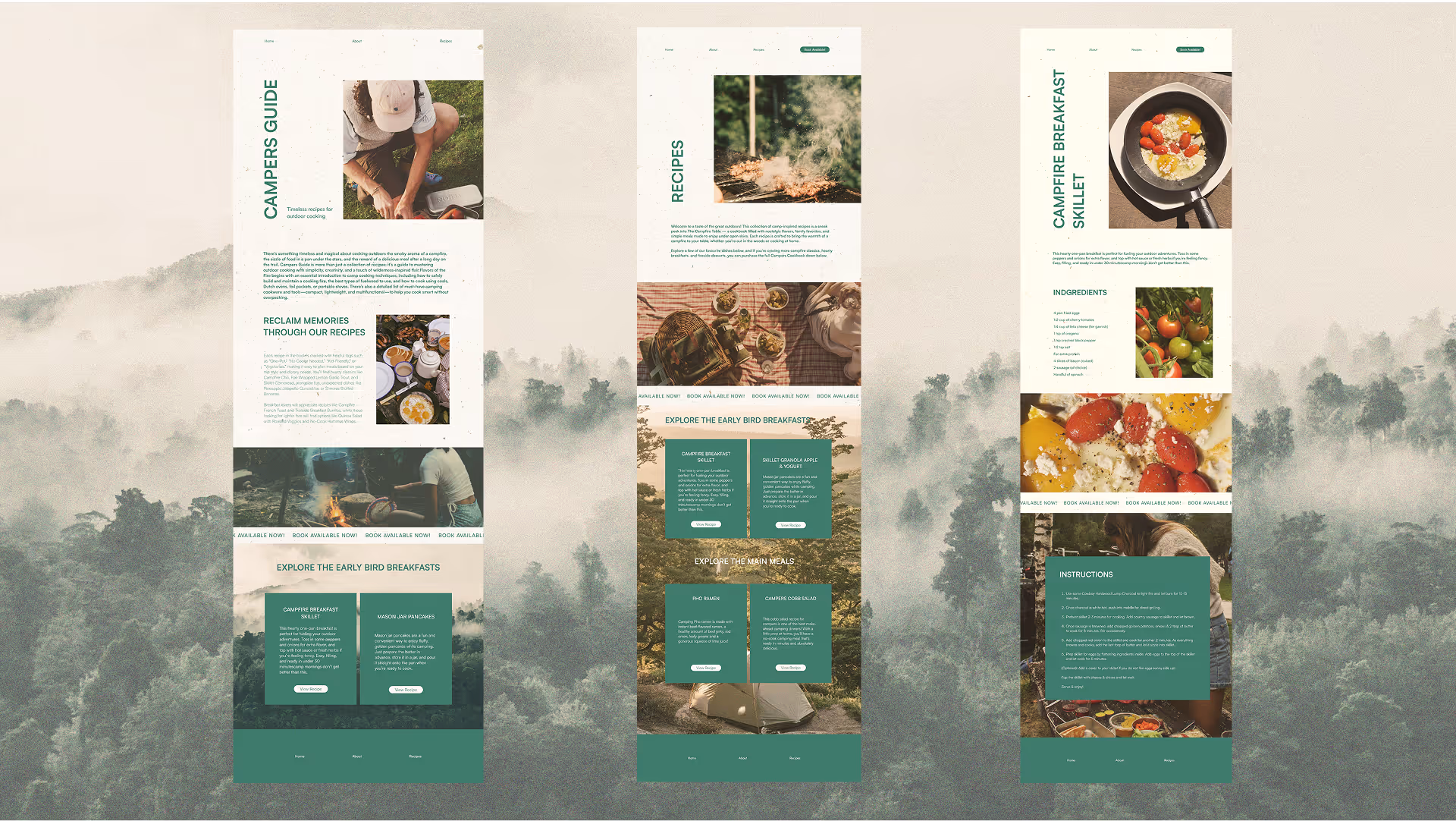 Three web pages showing camping recipes with images of cooking, food, and nature scenes.