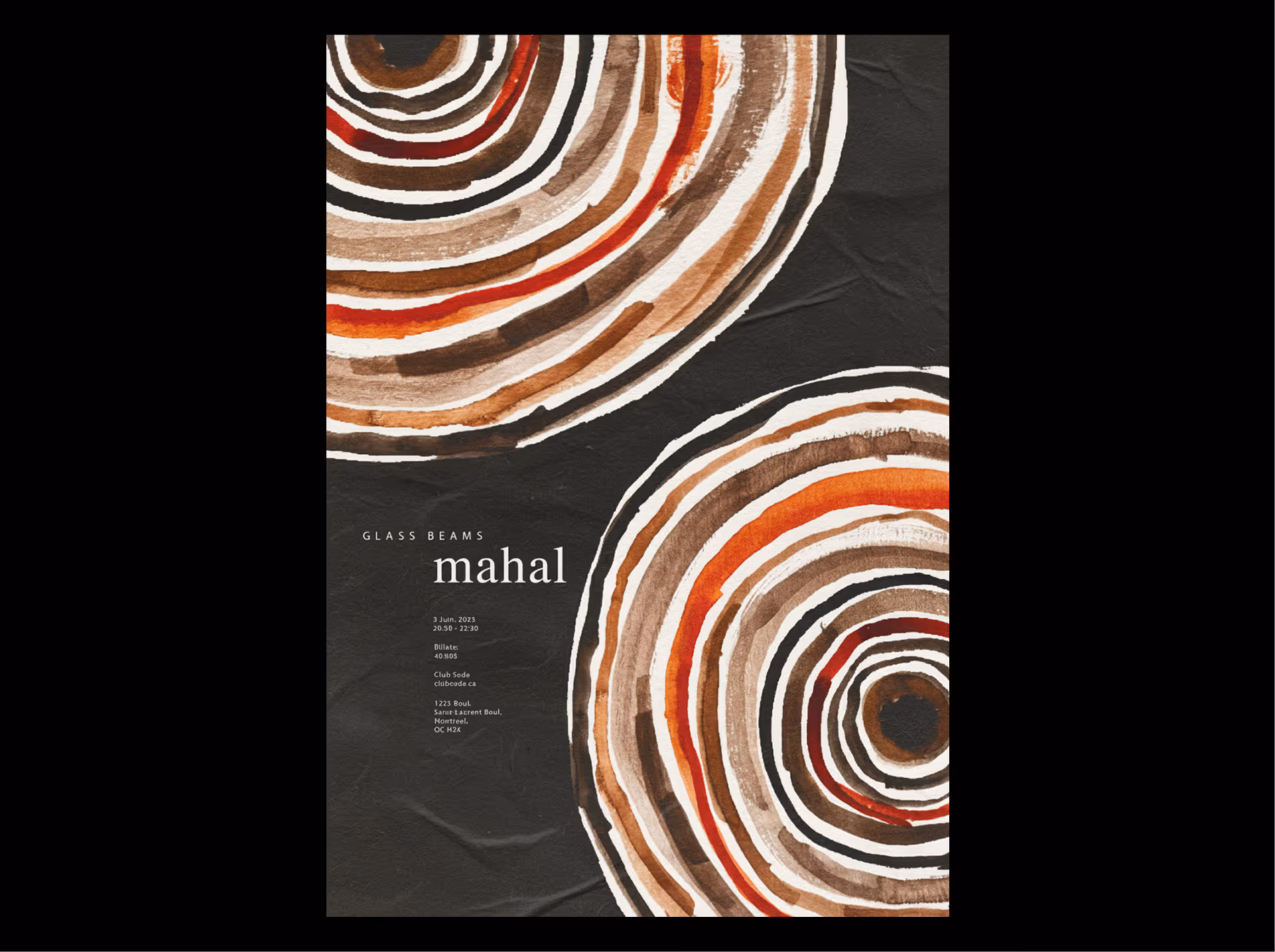 Poster with spiral circles in brown, red, and black on dark background for Glass Beams Mahal event.