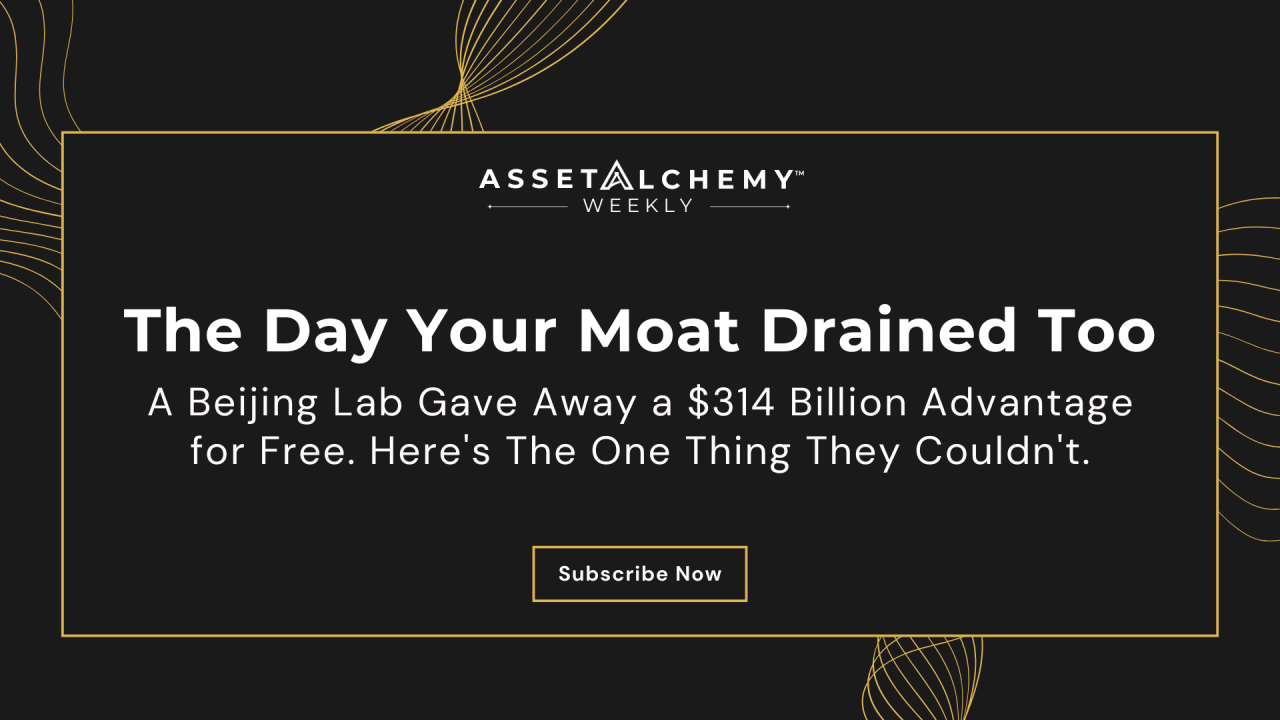 Asset Alchemy Weekly title card, The Day Your Moat Drained Too, a Beijing lab gave away a $314 billion AI advantage for free