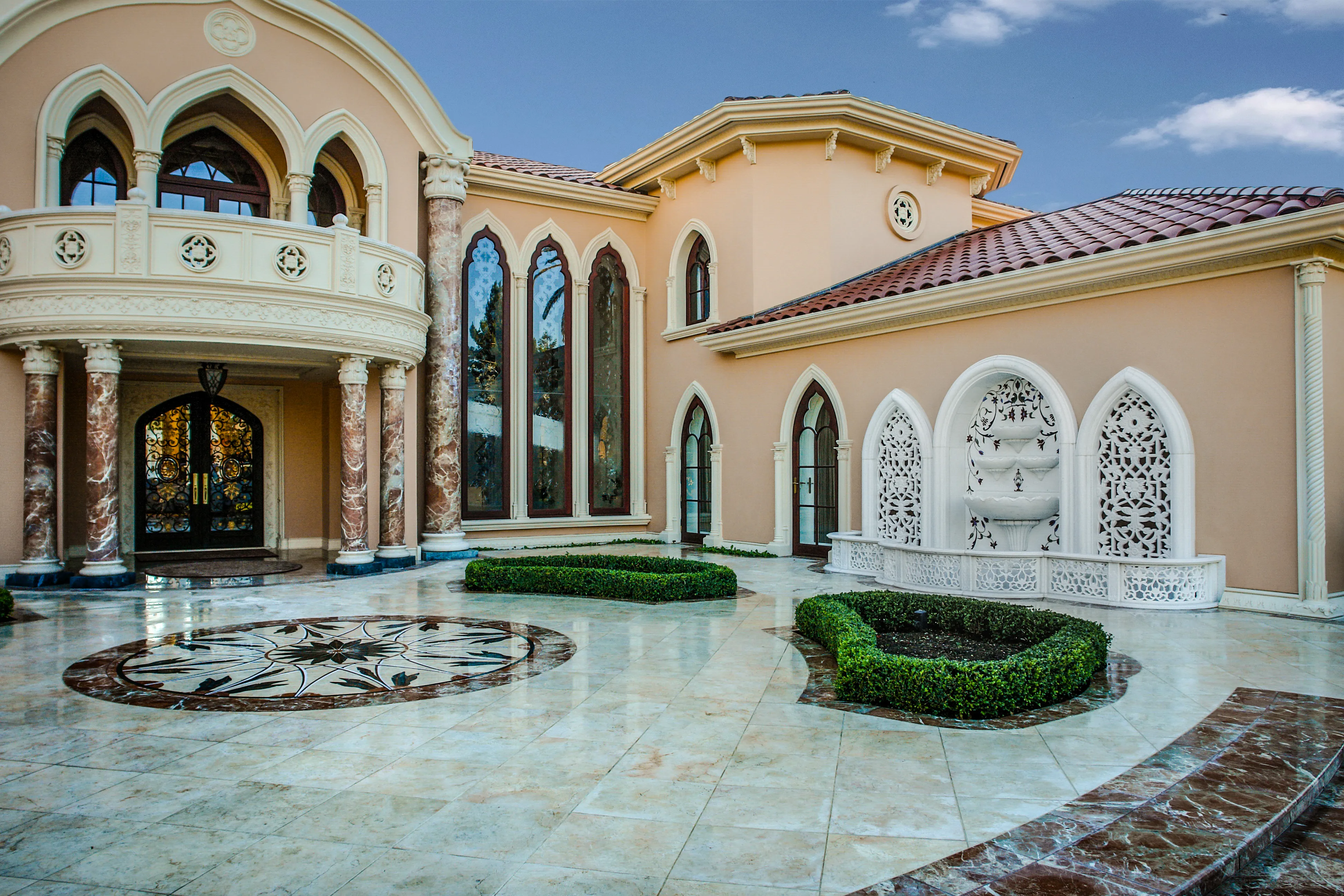 pietre dura center medallion, bespoke marble fountain with marble jali surround