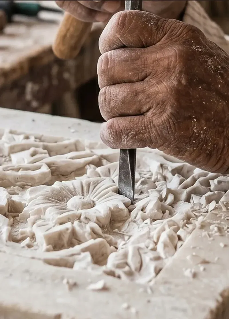 Artisan's hand chiselling a floral relief into white marble