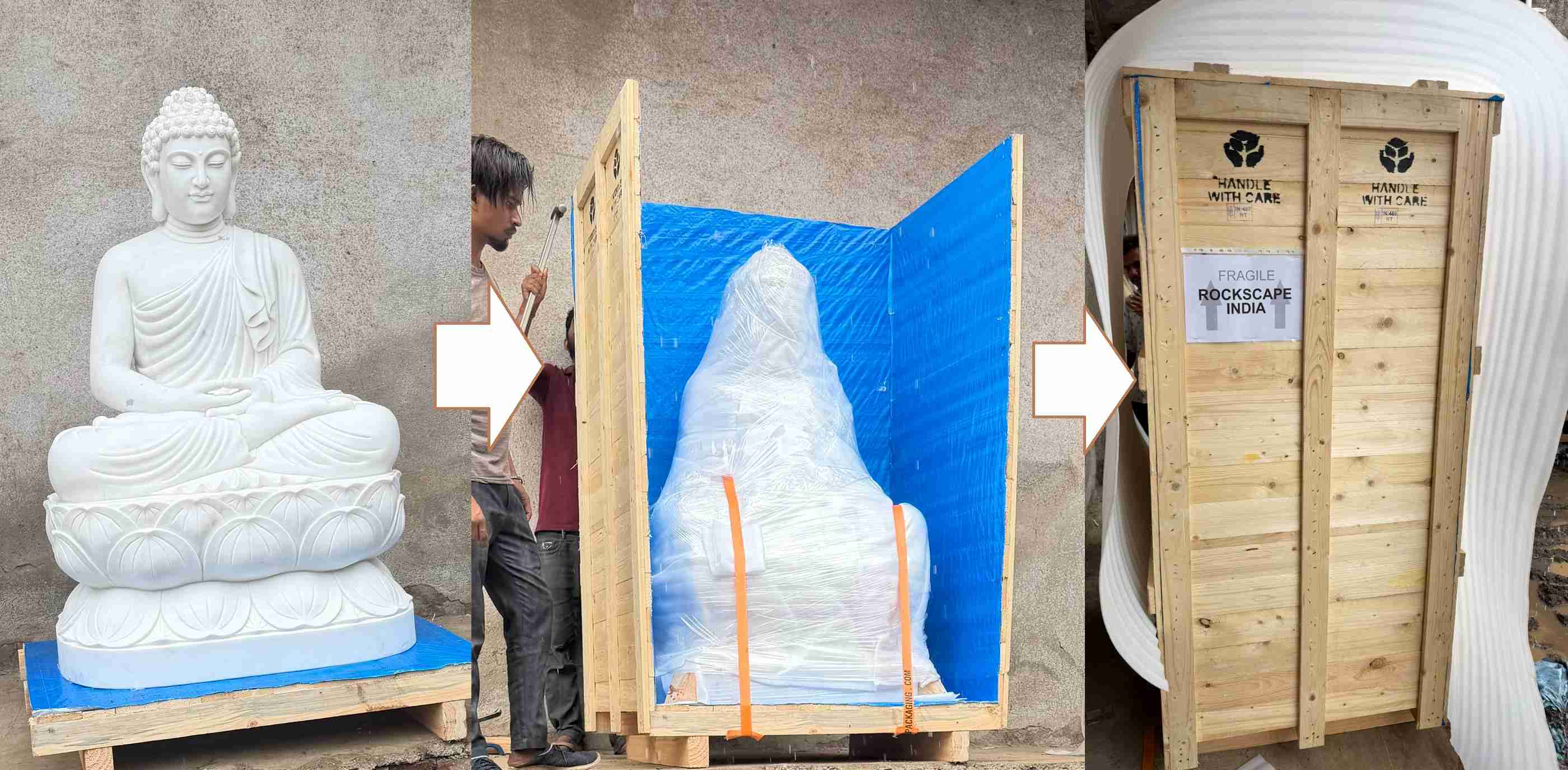 the unpacked statue, the statue secured on a wooden base, a wooden crate built around it with strapping, and the sealed crate labelled Rockscape India, Handle with care.