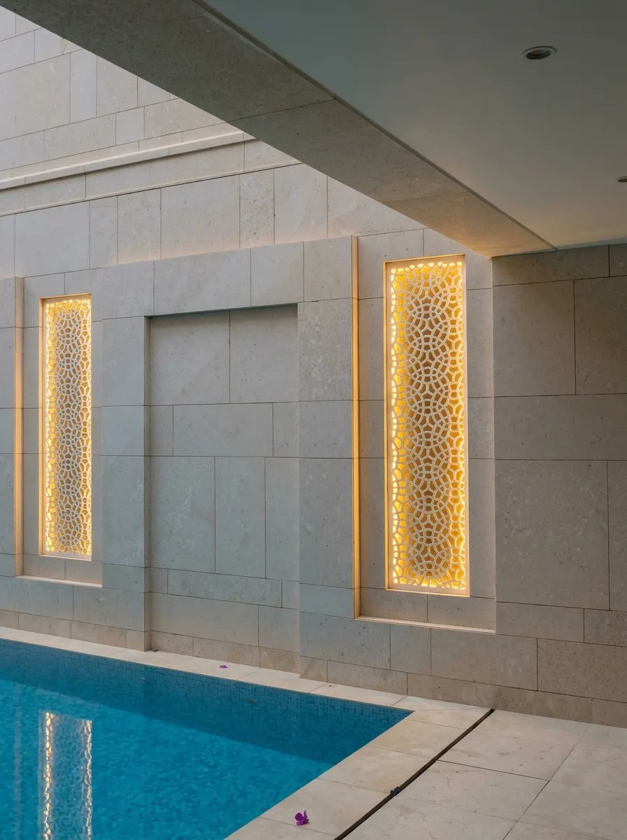Pair of glowing marble jali light panels set into a white stone wall above the swimming pool, Al Mula Residence, Kuwait