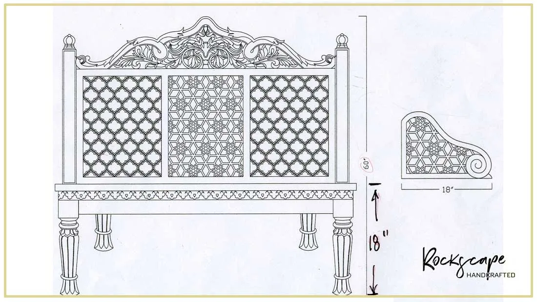 Elevation drawing of a carved marble garden bench with a jali backrest, showing its design and dimensions