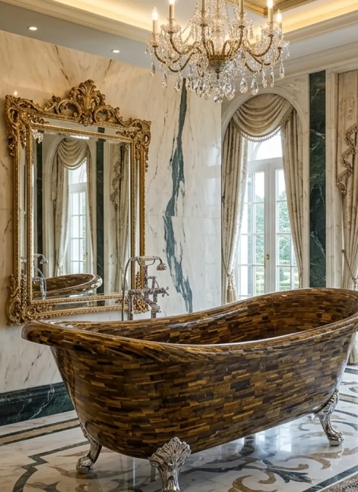 Close view of the hand-crafted tiger's eye stone bathtub with silver claw feet, Desert Sanctuary, Palm Springs