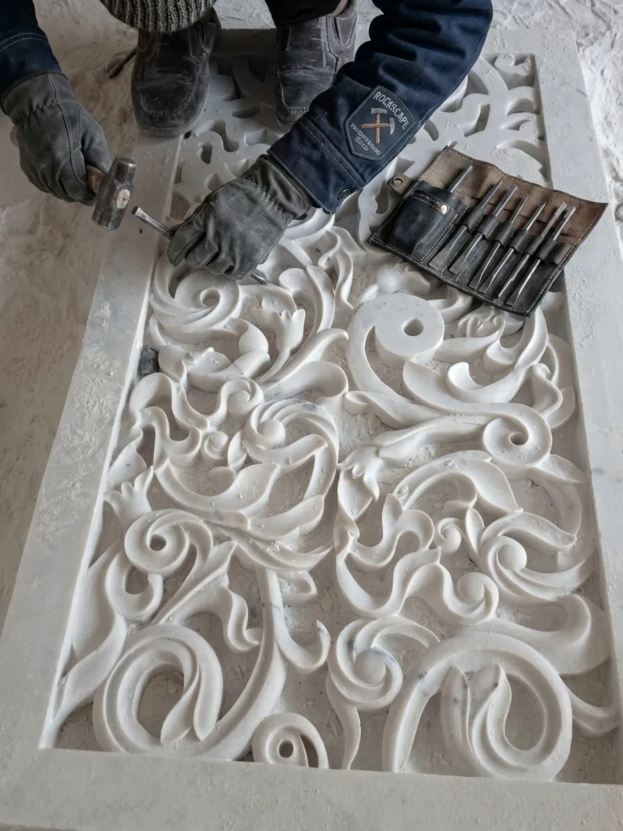 Artisan carving a floral scrollwork openwork marble panel with hand tools for the Elite Residence, Kuwait