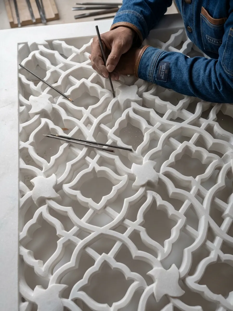 Artisan hand-chiselling a geometric star-pattern marble jali panel for the Elite Residence, Kuwait