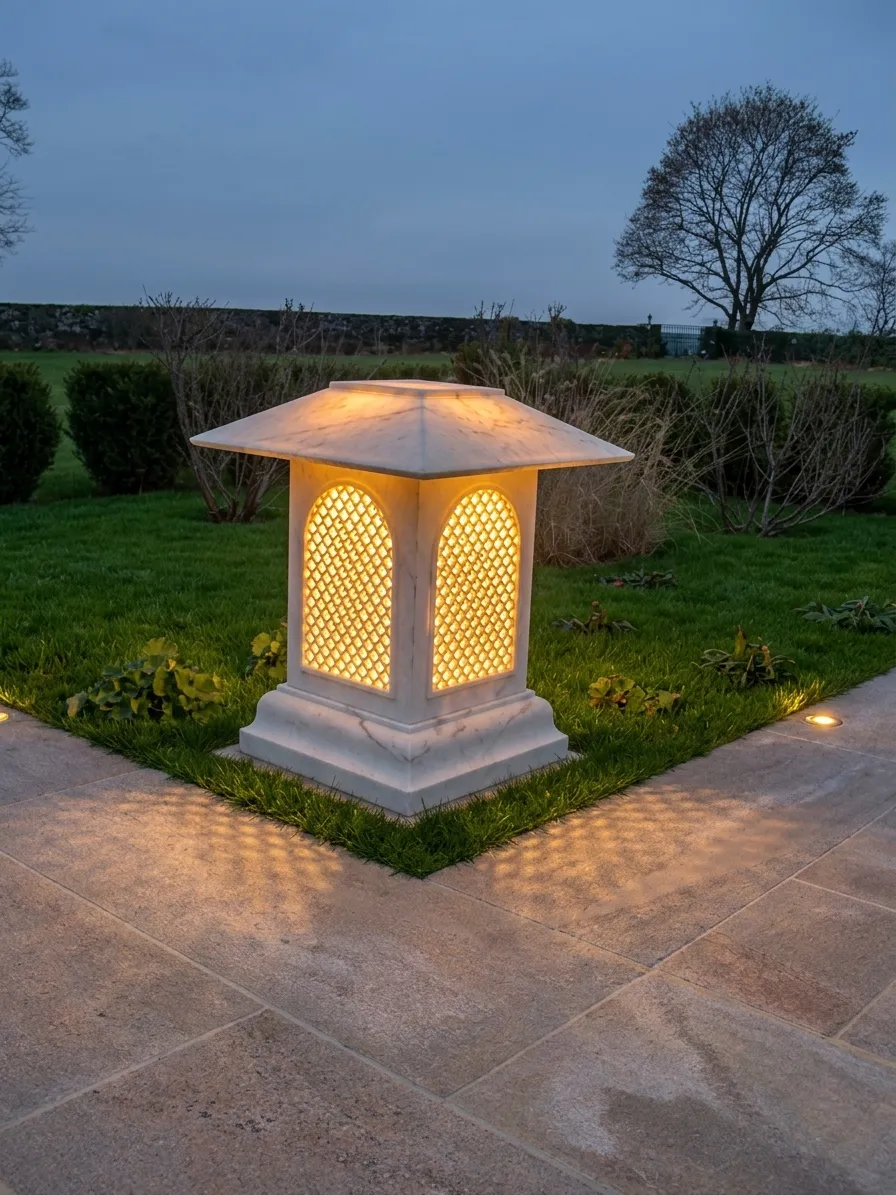 Illuminated carved marble jali garden lantern on a lawn at dusk, Westport, Connecticut estate