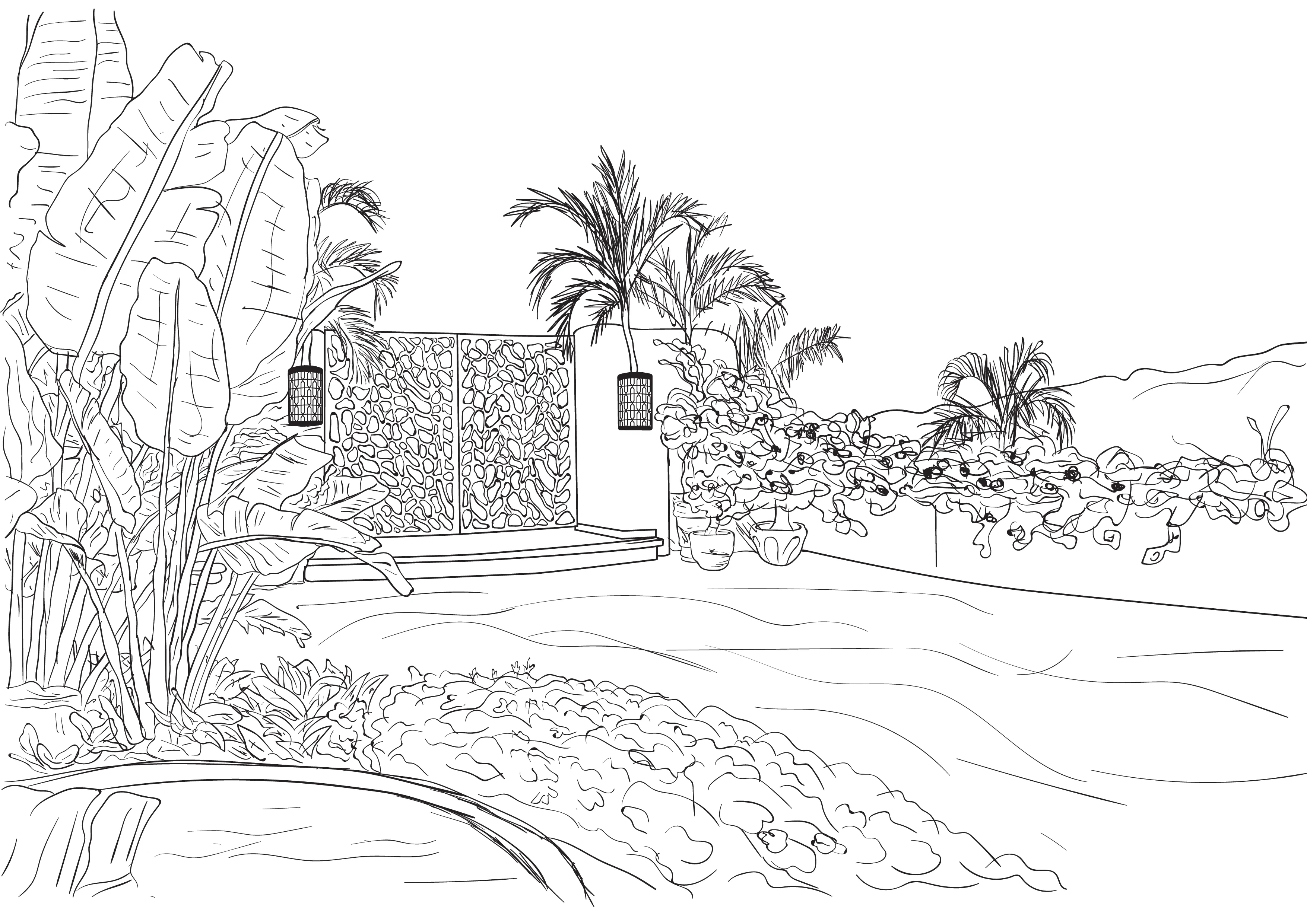 Line sketch of the courtyard design with palm trees and marble luminaires for a luxury residence in Mexico
