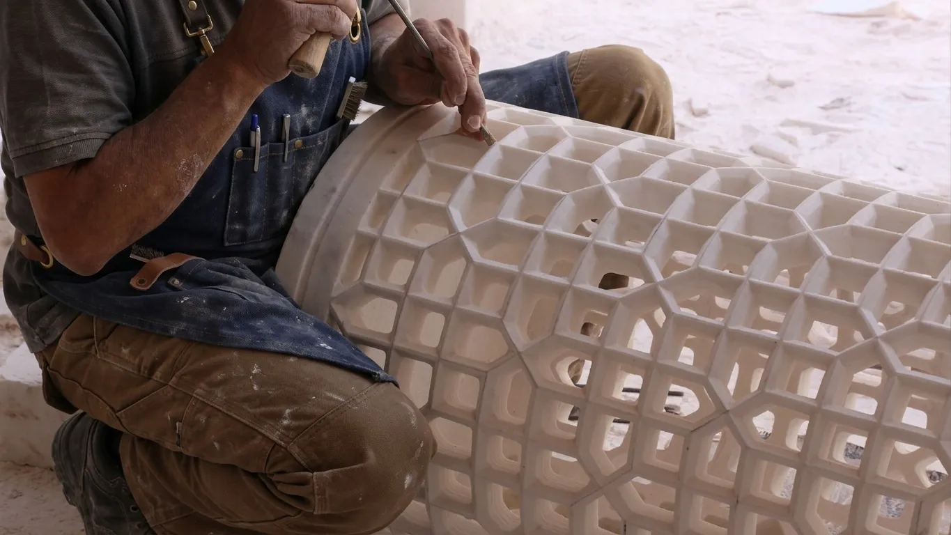 Artisan hand-carving the lattice pattern on a marble luminaire cylinder for the Mexico residence