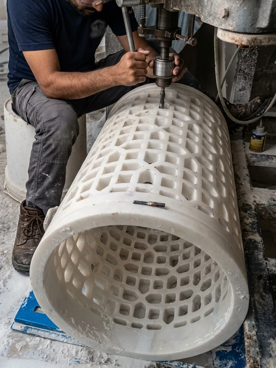 Craftsman drilling openings into a hollow marble luminaire cylinder in the workshop