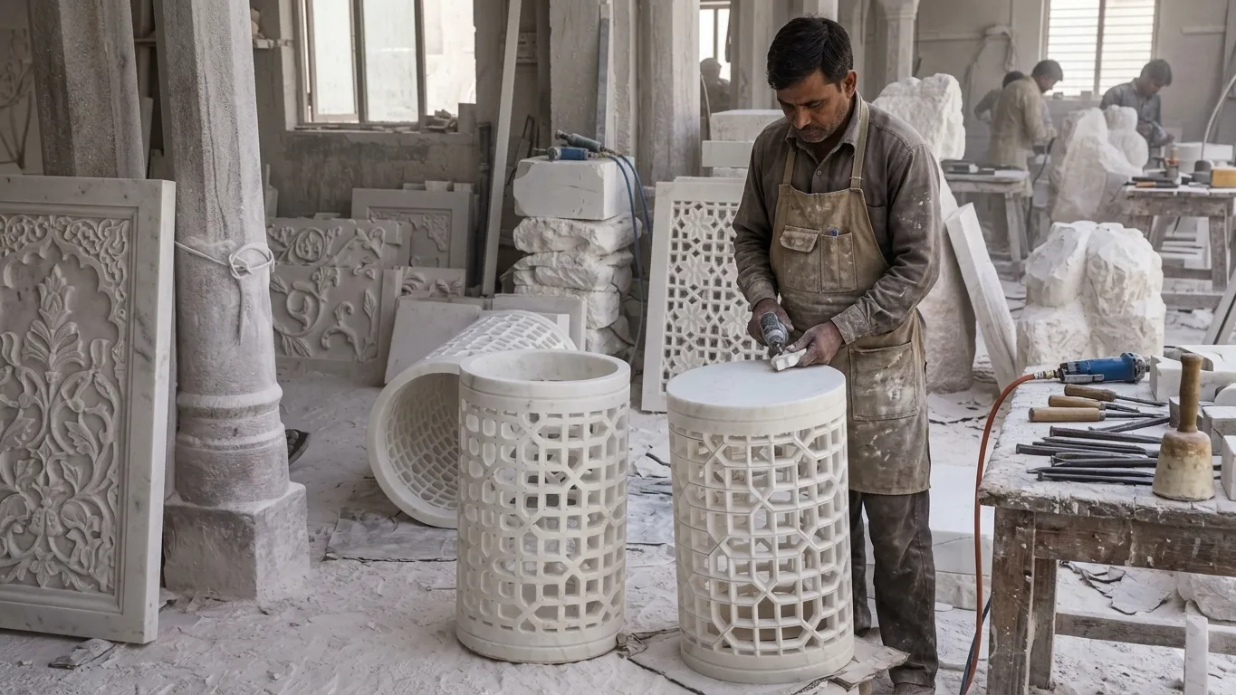 Finished marble jali luminaires standing in the workshop as an artisan carves the next piece, Mexico commission