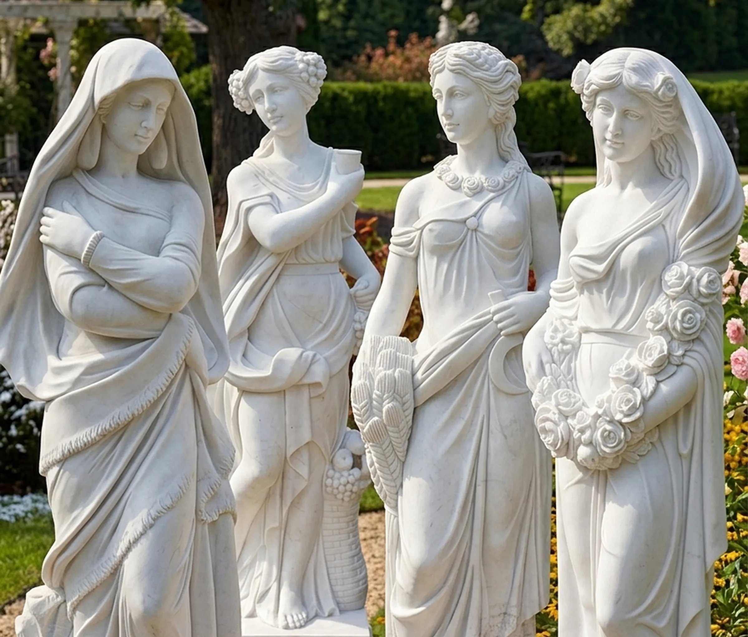 Four hand-carved white marble statues of robed maidens in the garden of The Greenwich Estate