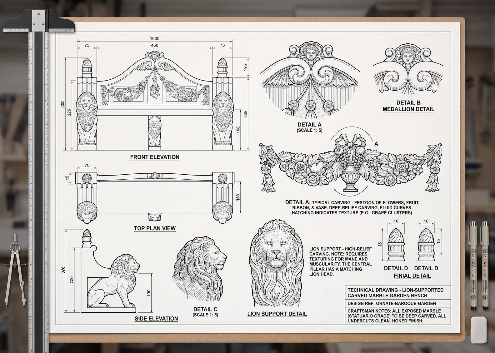 Technical drawing sheet detailing the carved lion supports and scrolled backrest of a marble bench, The Greenwich Estate