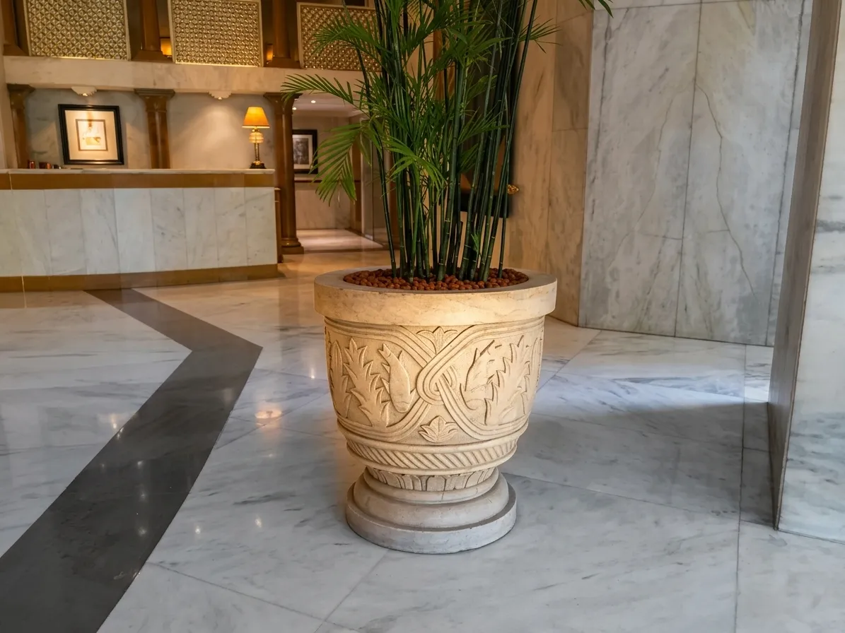 Hand-carved sandstone planter holding a palm in the marble lobby of the Taj Palace, New Delhi