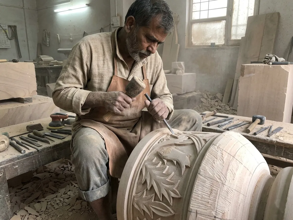 Artisan hand-carving the floral relief on a sandstone planter for the Taj Palace, New Delhi