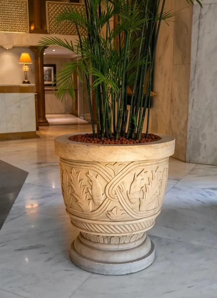Close view of a sandstone planter with carved floral relief bands, Taj Palace, New Delhi
