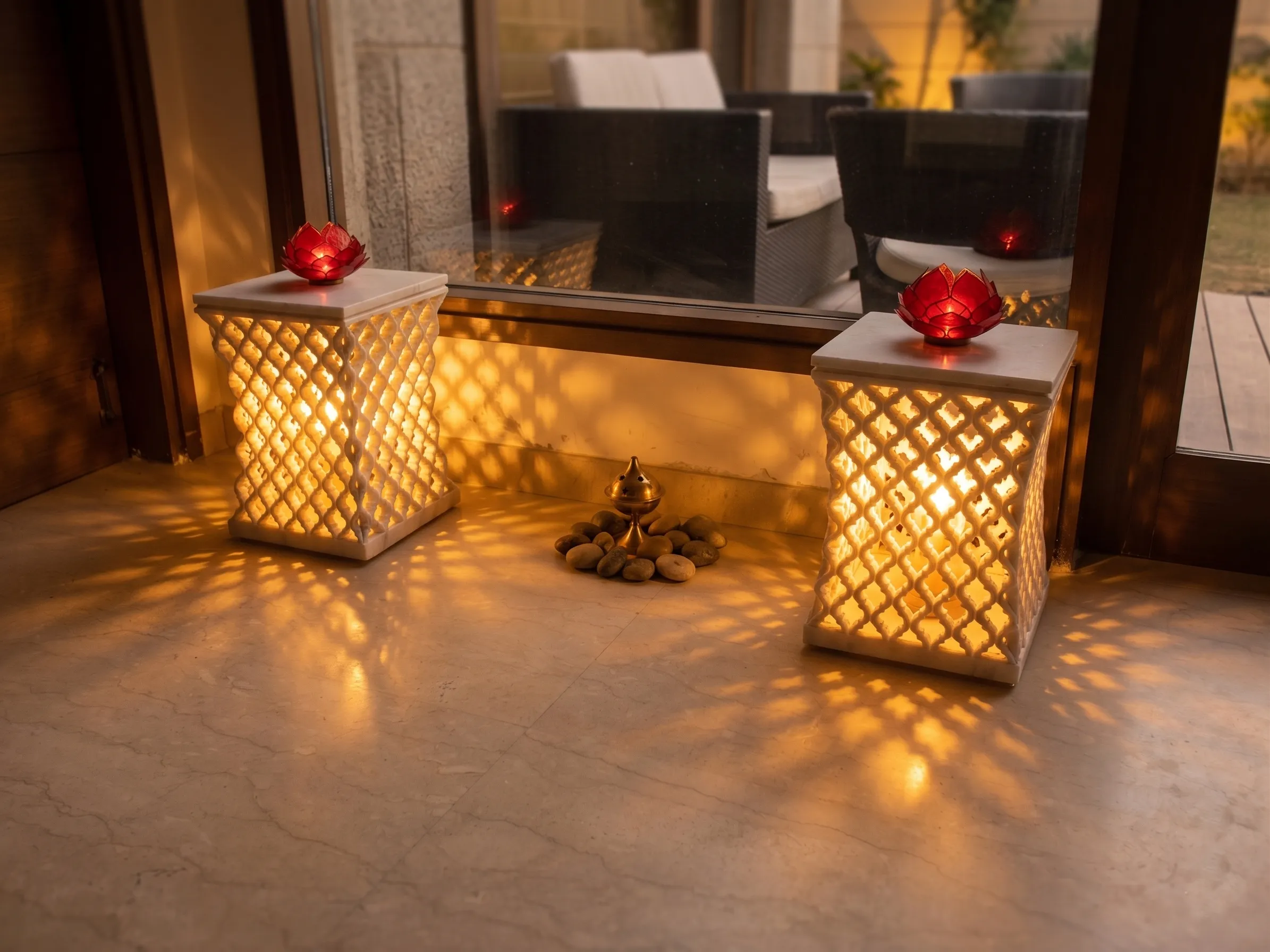 Pair of glowing carved marble jali lanterns on a polished floor in a private New Delhi residence
