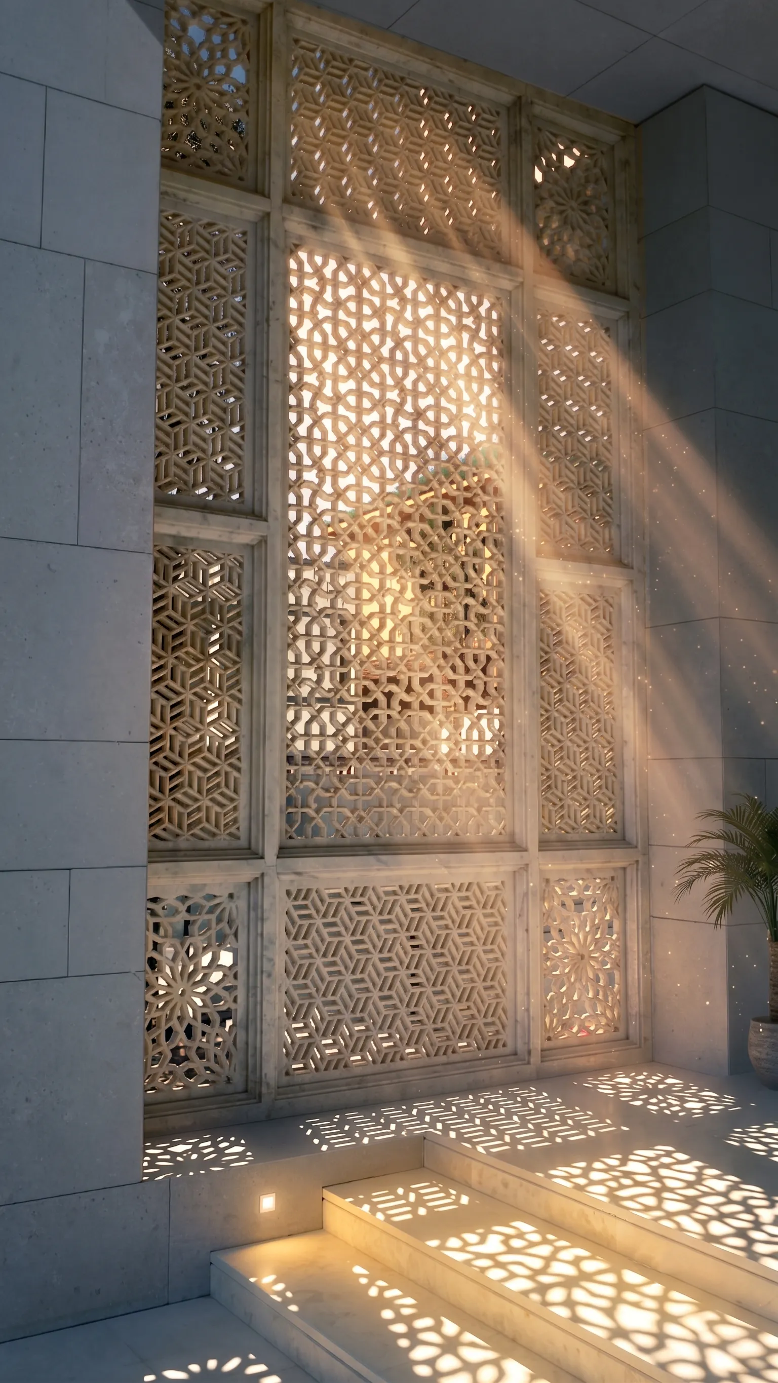 Sunlight falling through a tall marble jali screen onto lit entrance steps, Al Mula Residence, Kuwait