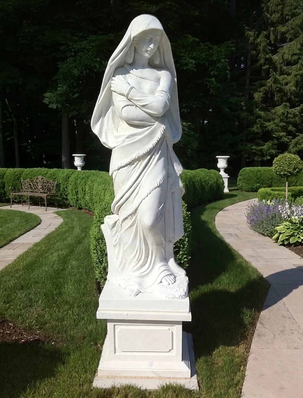 Veiled white marble maiden statue beside a curving garden path, The Greenwich Estate
