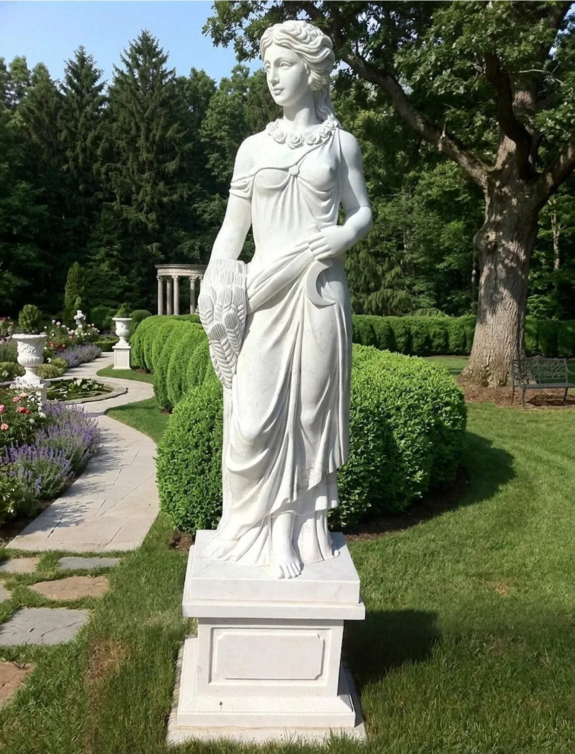 White marble maiden statue holding a sheaf near the garden walkway, The Greenwich Estate