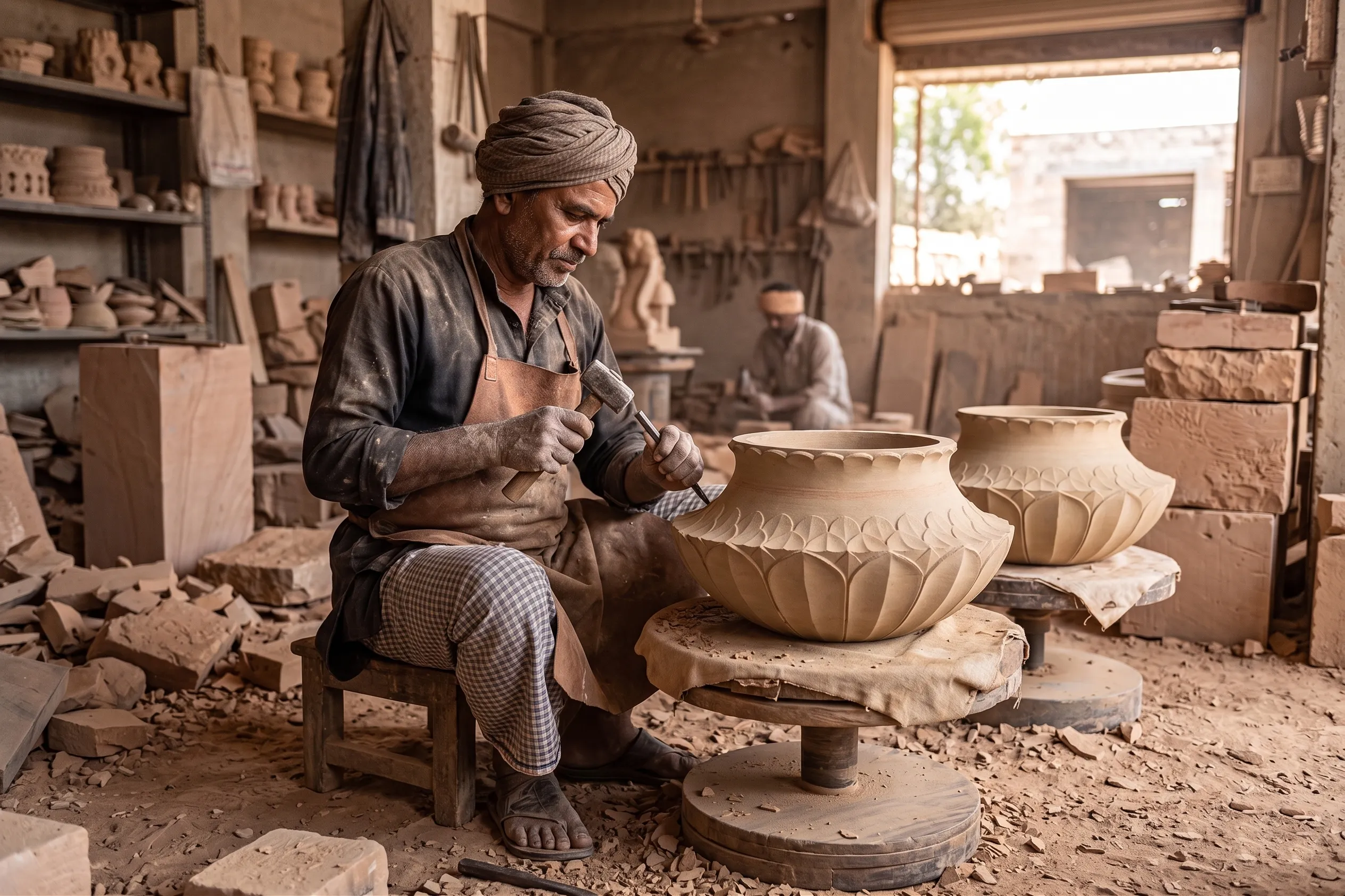 Master artisan chiselling lotus petals into a stone urn in the workshop for Desert Sanctuary, Palm Springs