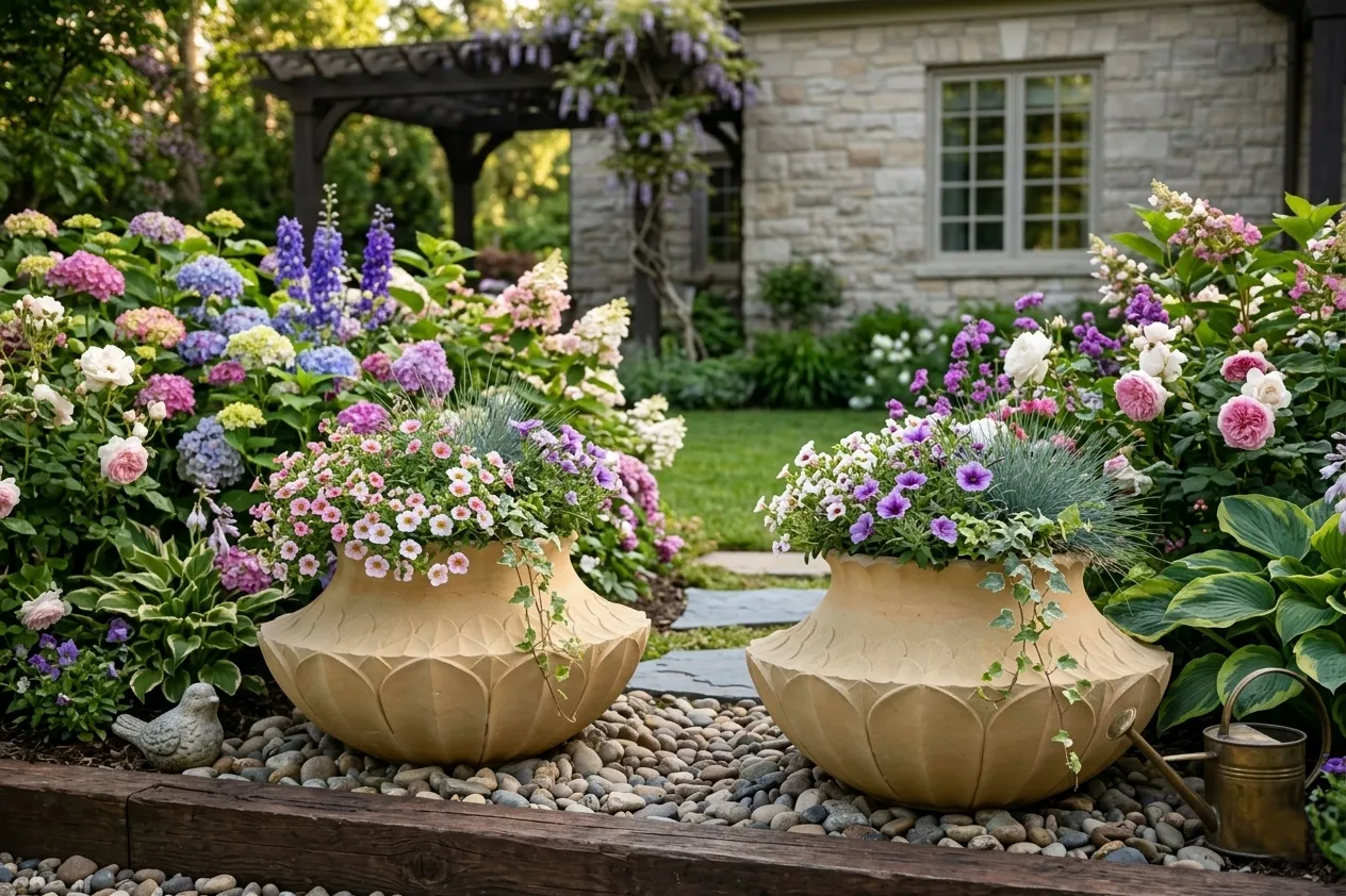 Pair of hand-carved sandstone urns among hydrangeas in the front garden, Desert Sanctuary, Palm Springs