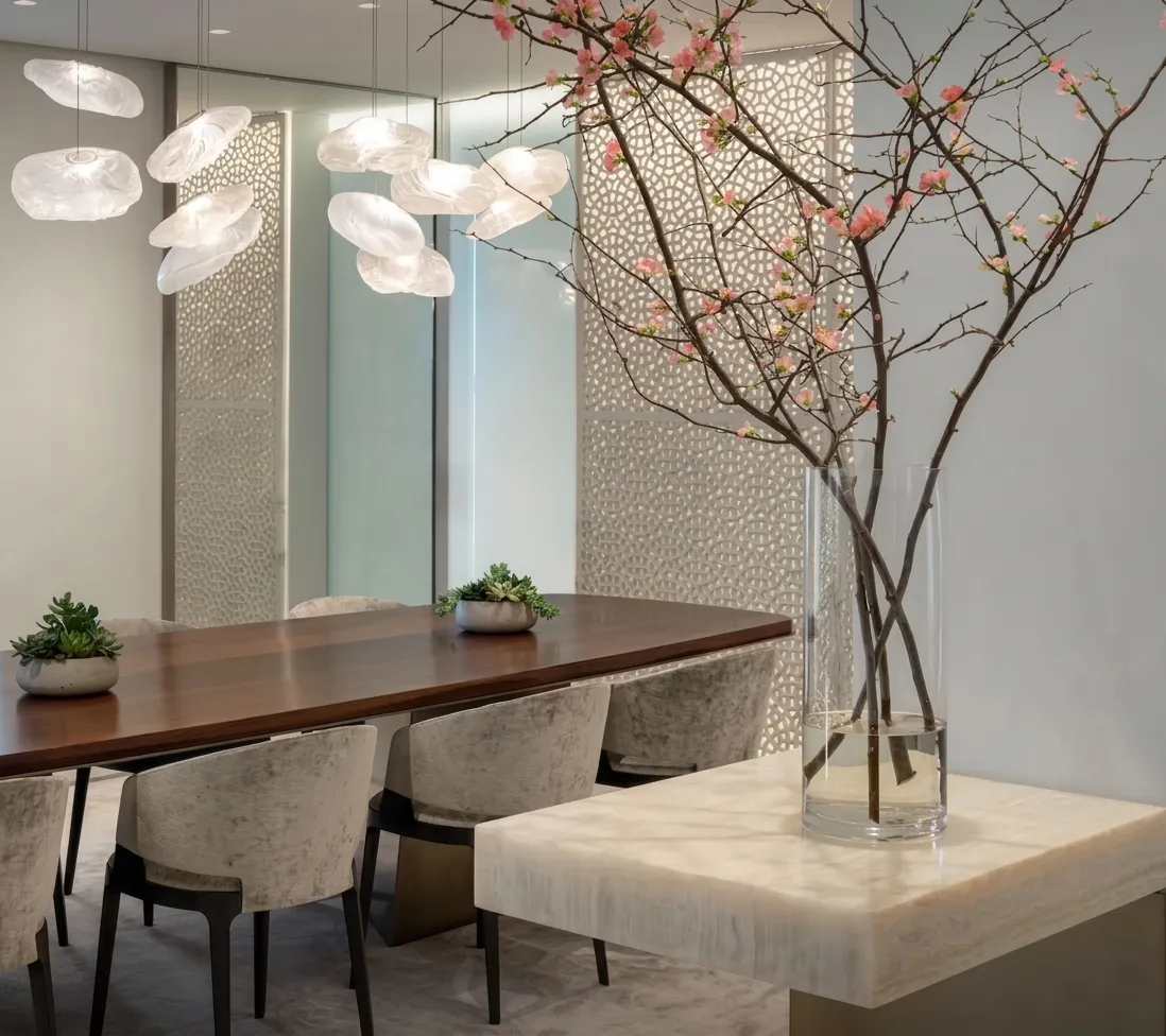 Dining table with blossom branches and an onyx console in front of a backlit jali screen, The Plaza Residence, New York