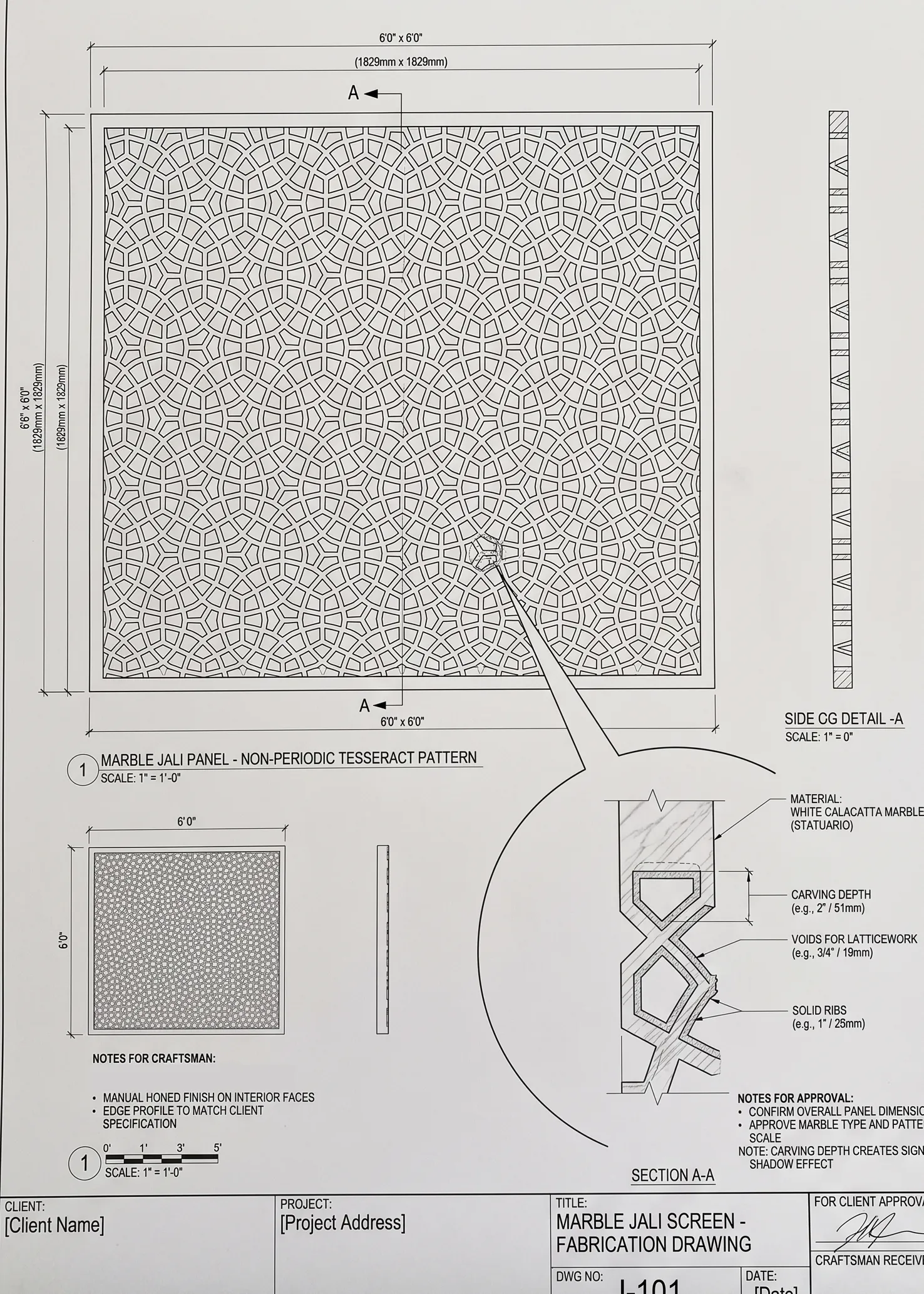 Fabrication drawing of the marble jali screen pattern with section details for The Plaza Residence