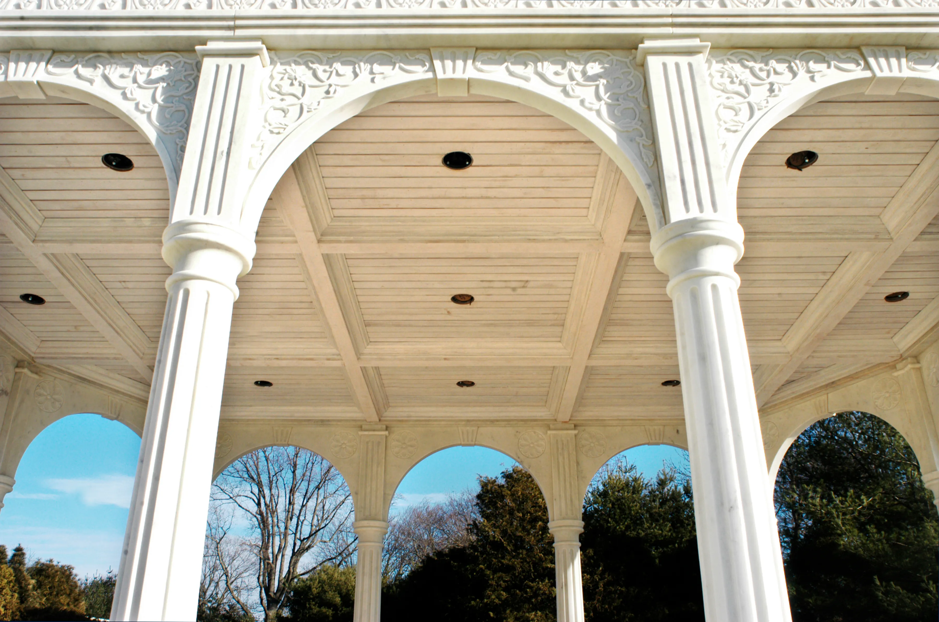 View from inside the marble pavilion showing its arches, columns and ceiling, Westport, Connecticut estate