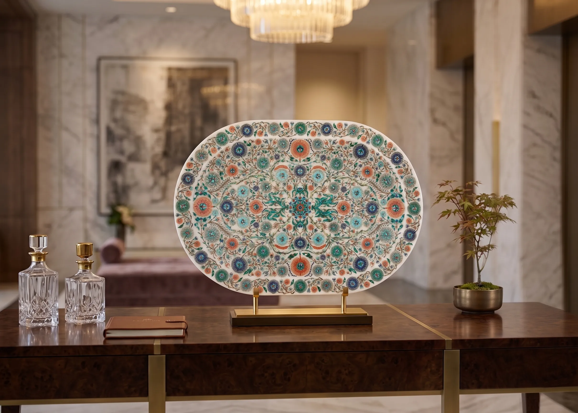 Oval white marble platter with multicolour pietra dura floral inlay displayed on a console table