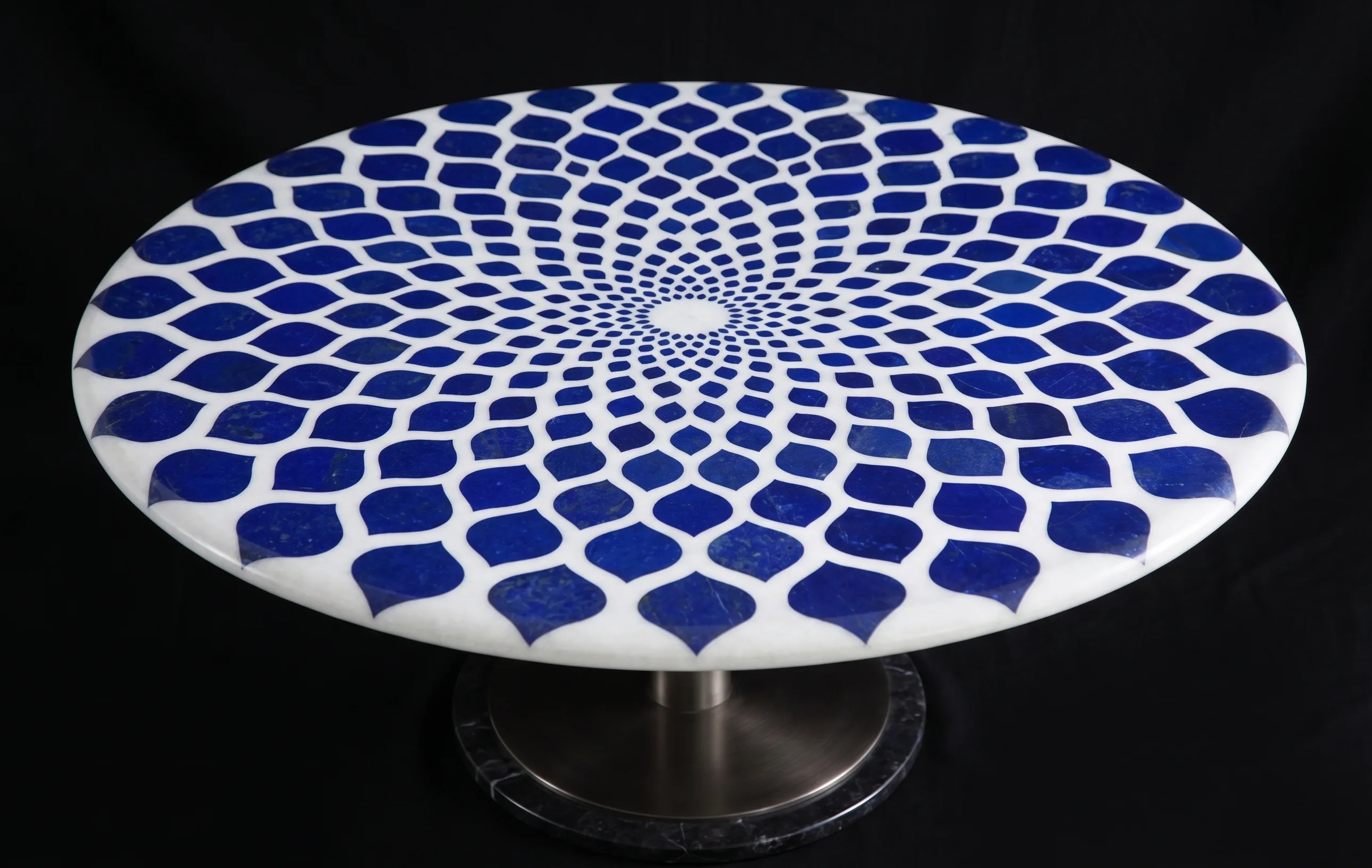 White marble table with radiating lapis lazuli petal inlay on a slim pedestal, An Ode to Timeless Mastery