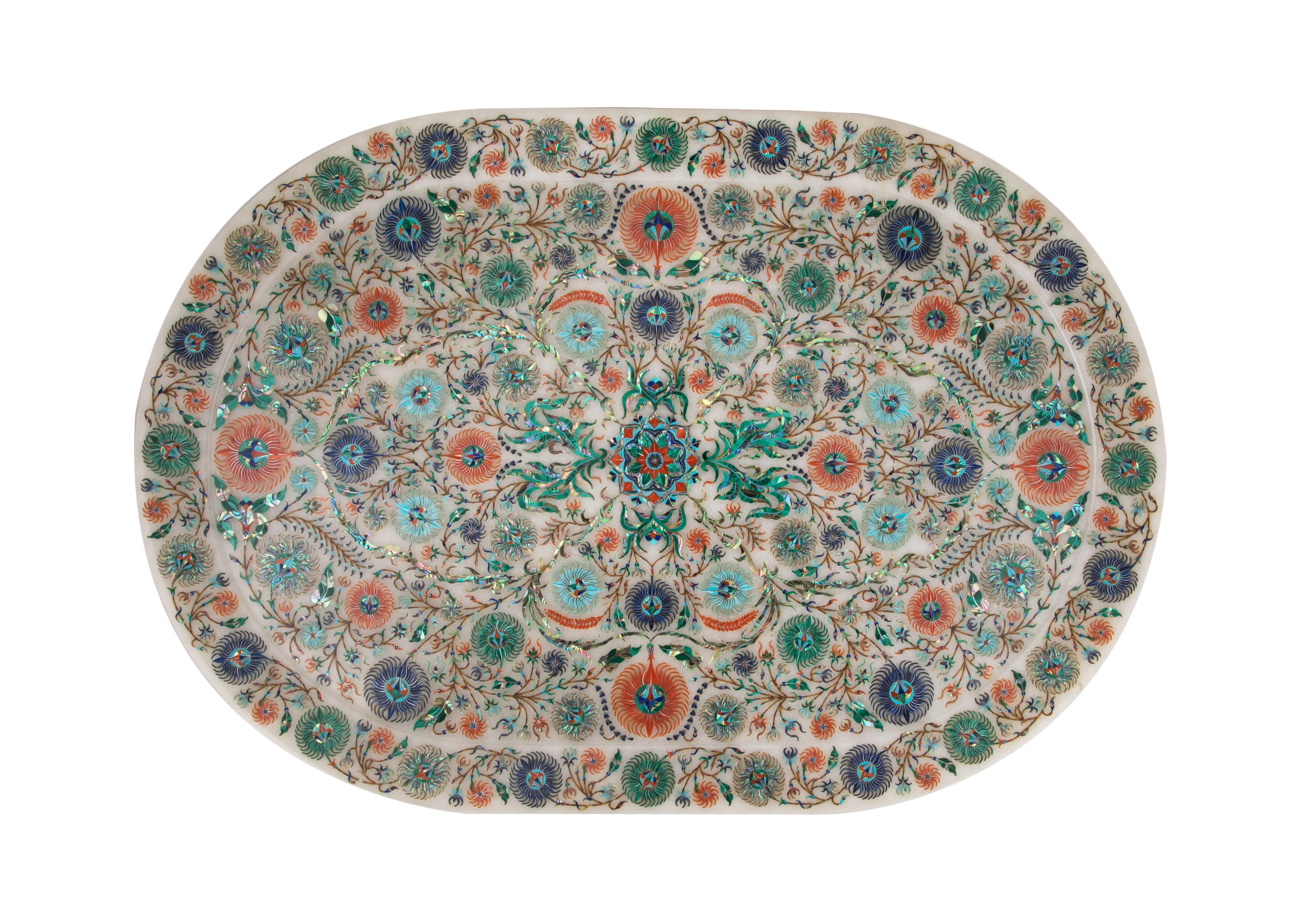 Oval pietra dura platter with turquoise and coral floral inlay on a white background, The Celestial Tapestry