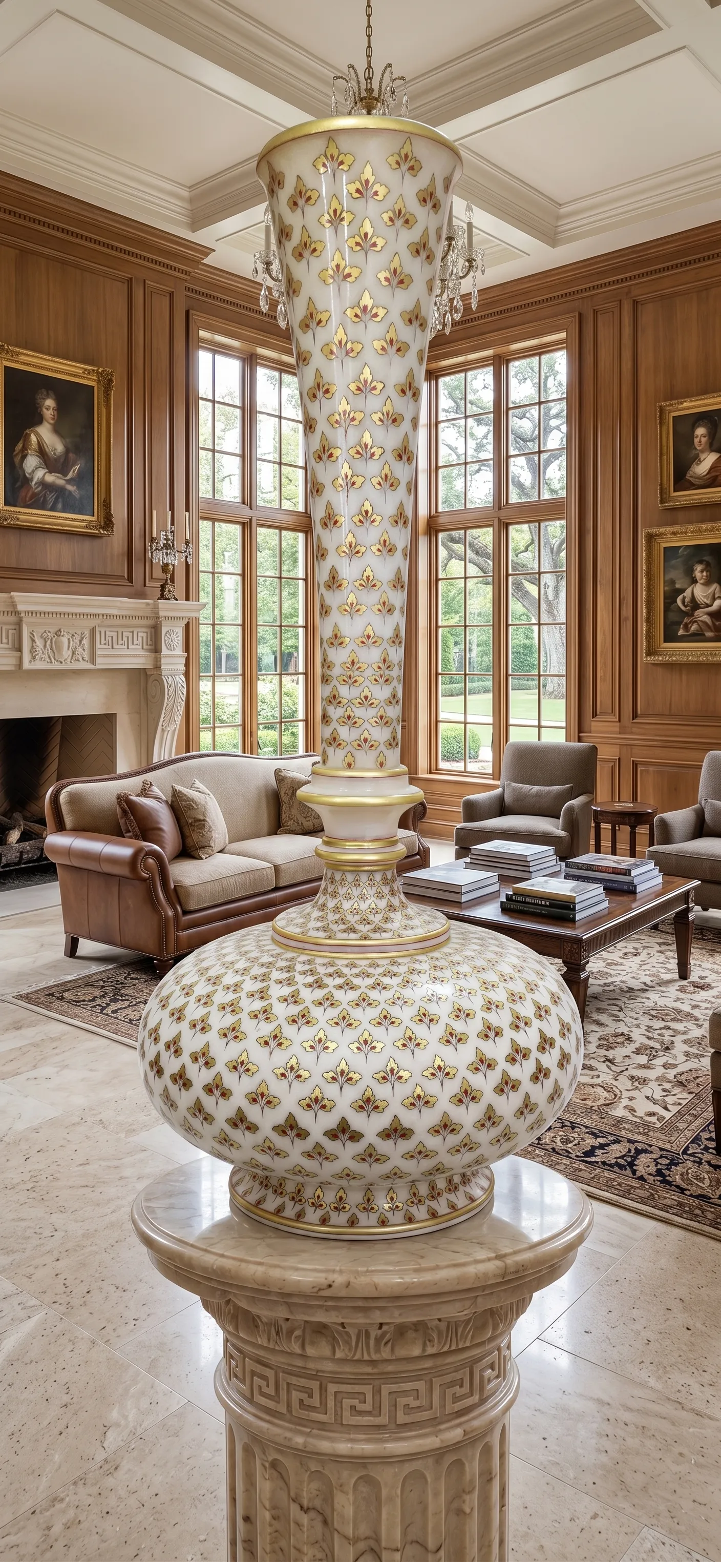 The Imperial Gilded Vessel on a carved pedestal in a wood-panelled library
