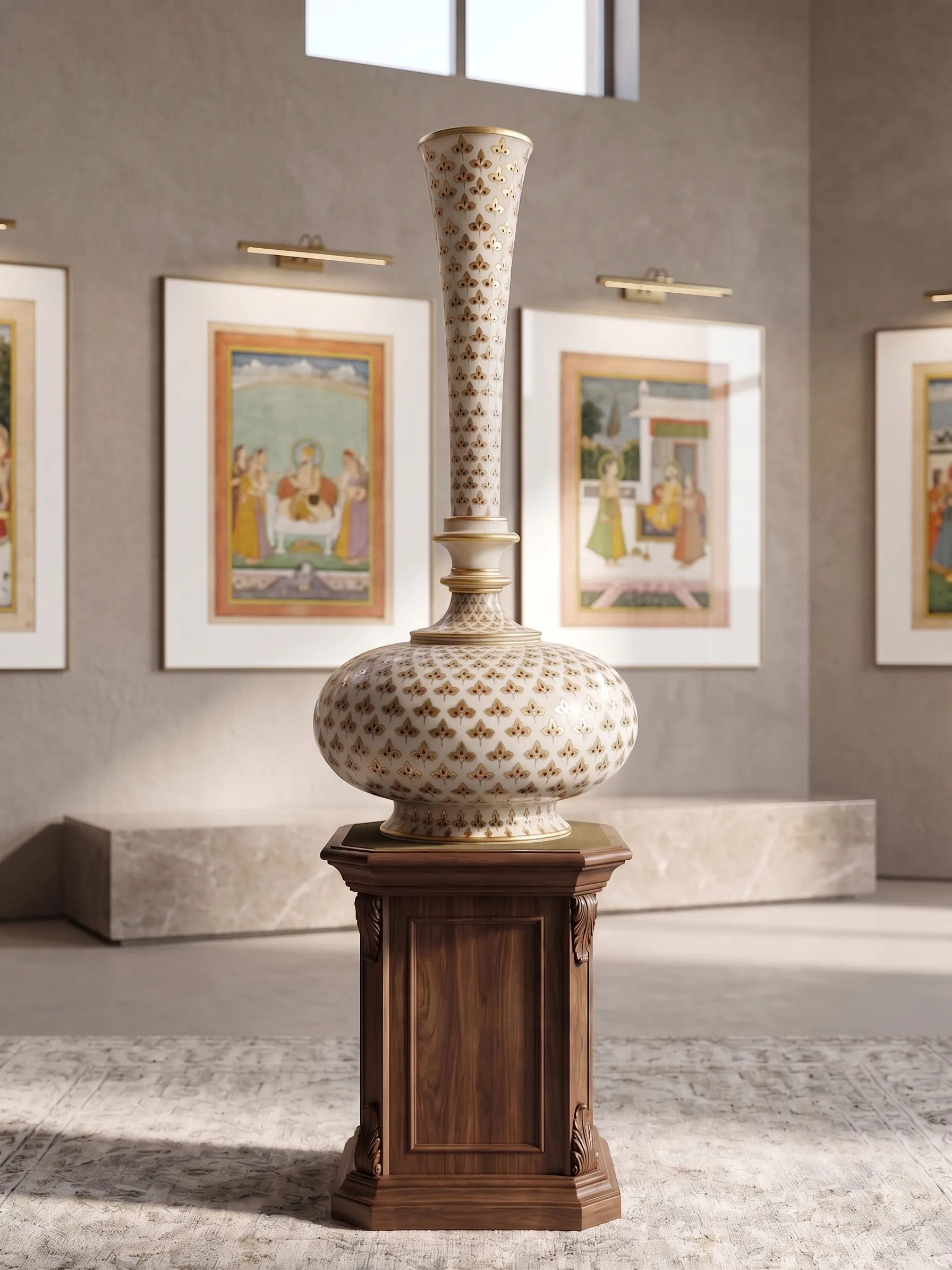 The Imperial Gilded Vessel on a wooden pedestal in a gallery with framed miniature paintings