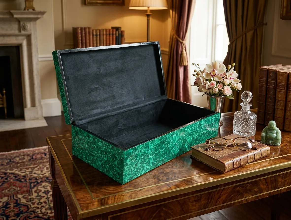 Open malachite-clad keepsake box with a black velvet lining on a study desk, The Lapidary Vault
